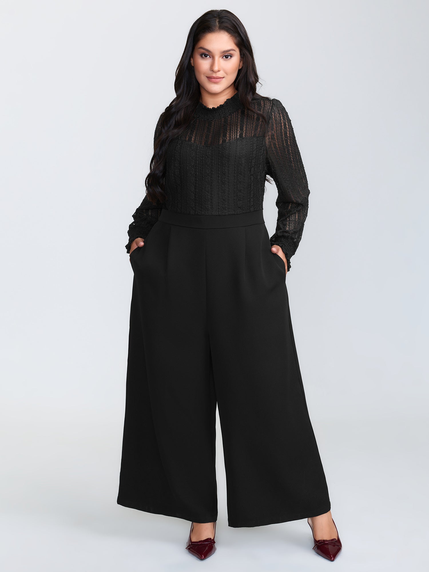 Geometric Lace Trim Sheer Wide-Leg Jumpsuit