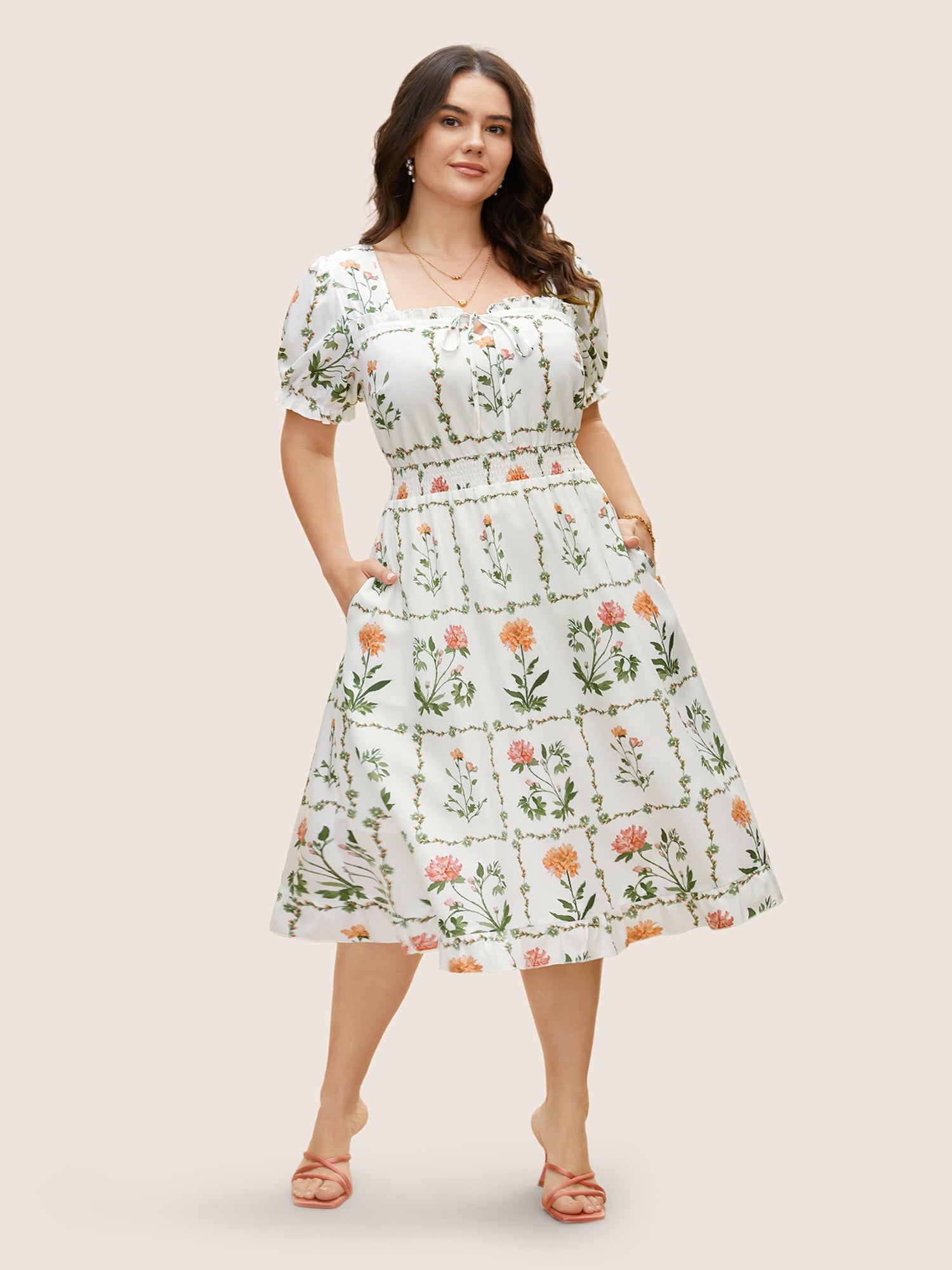Boho Print Tie Knot Shirred Lantern Sleeve Dress