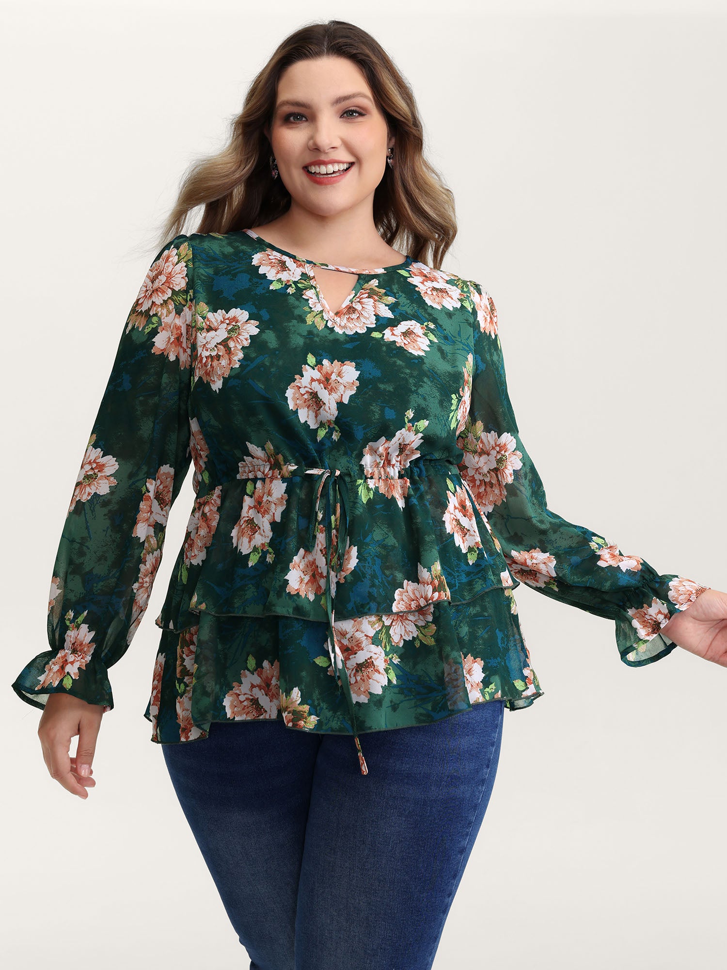 Sheer Floral Print Tie Flared Blouse