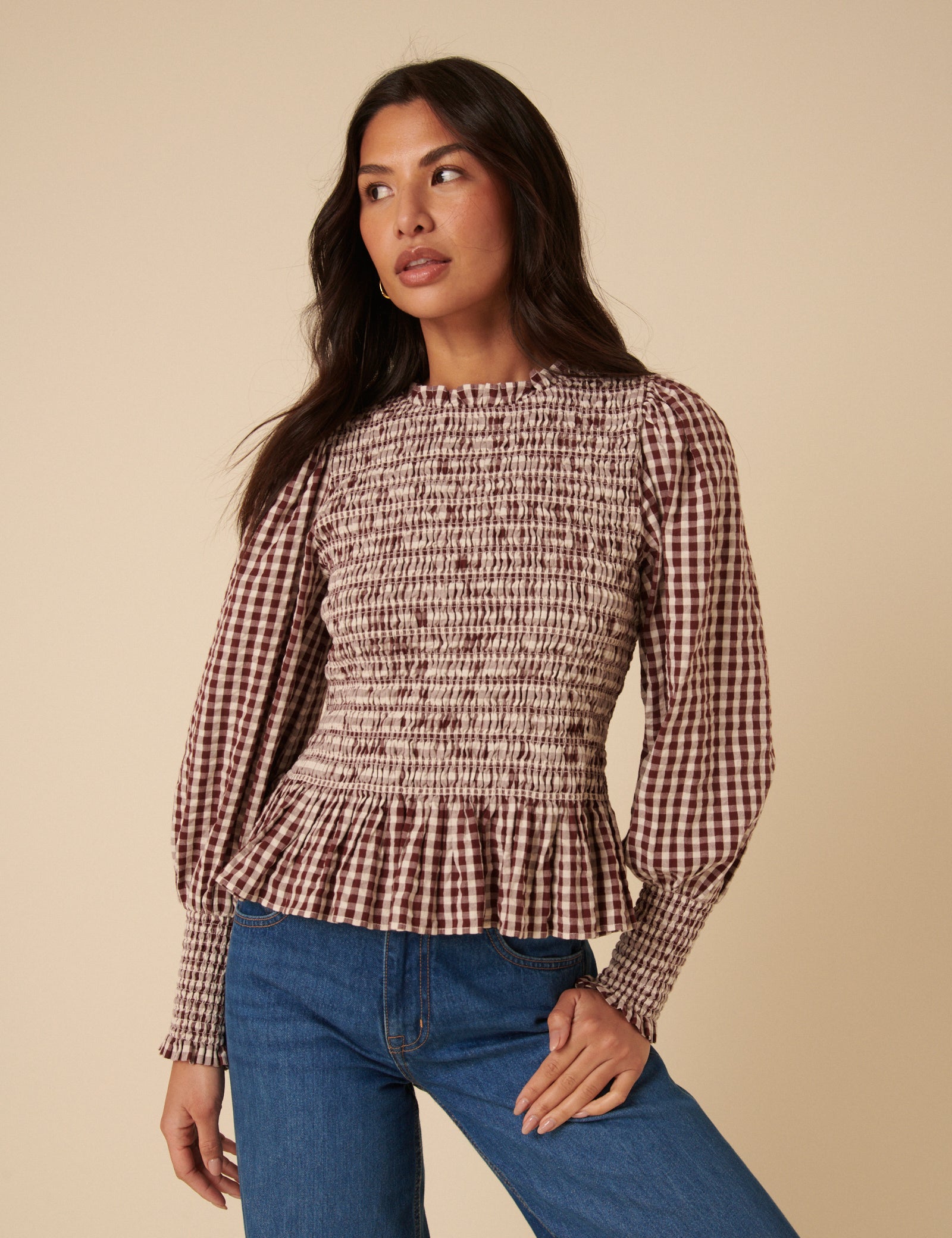 Brown Gingham Shirred Long Sleeve Top