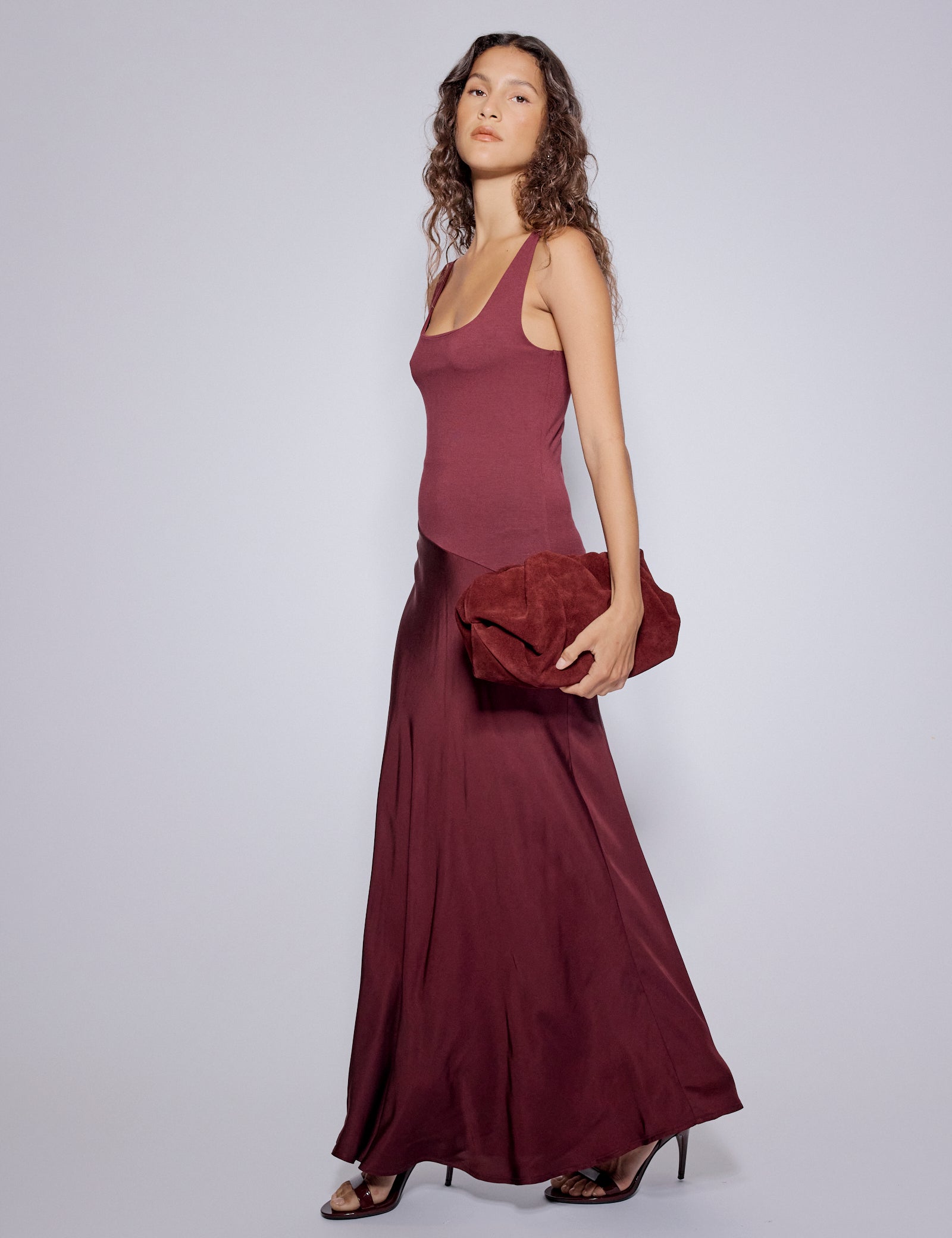 Burgundy Asymmetrical Drop Waist Valentina Midi Dress