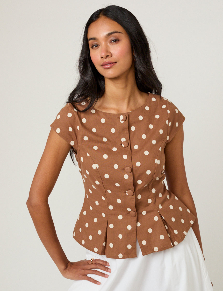 Brown Polka Dot Tailored Top