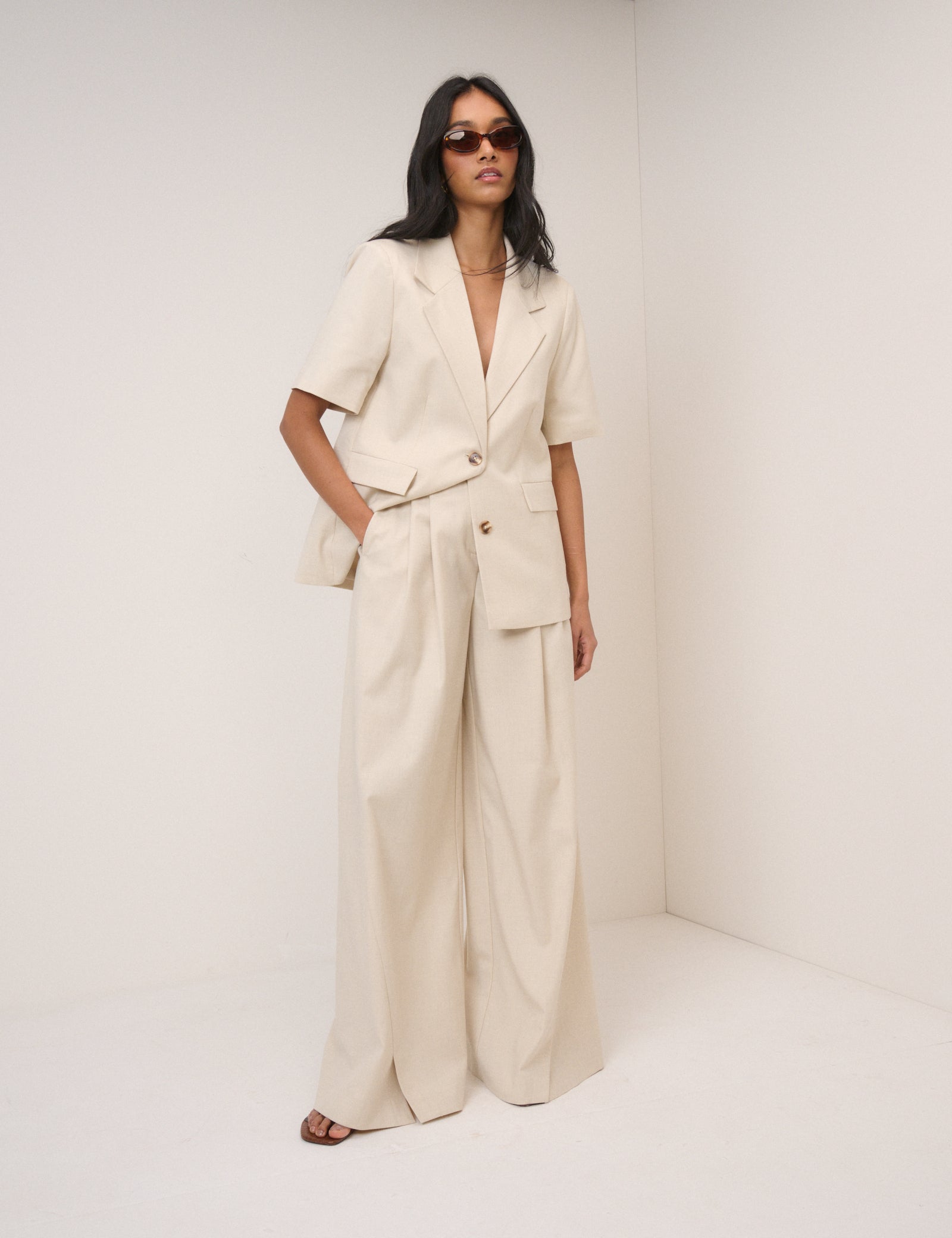 Stone Pleated Wide Leg Tailored Trousers