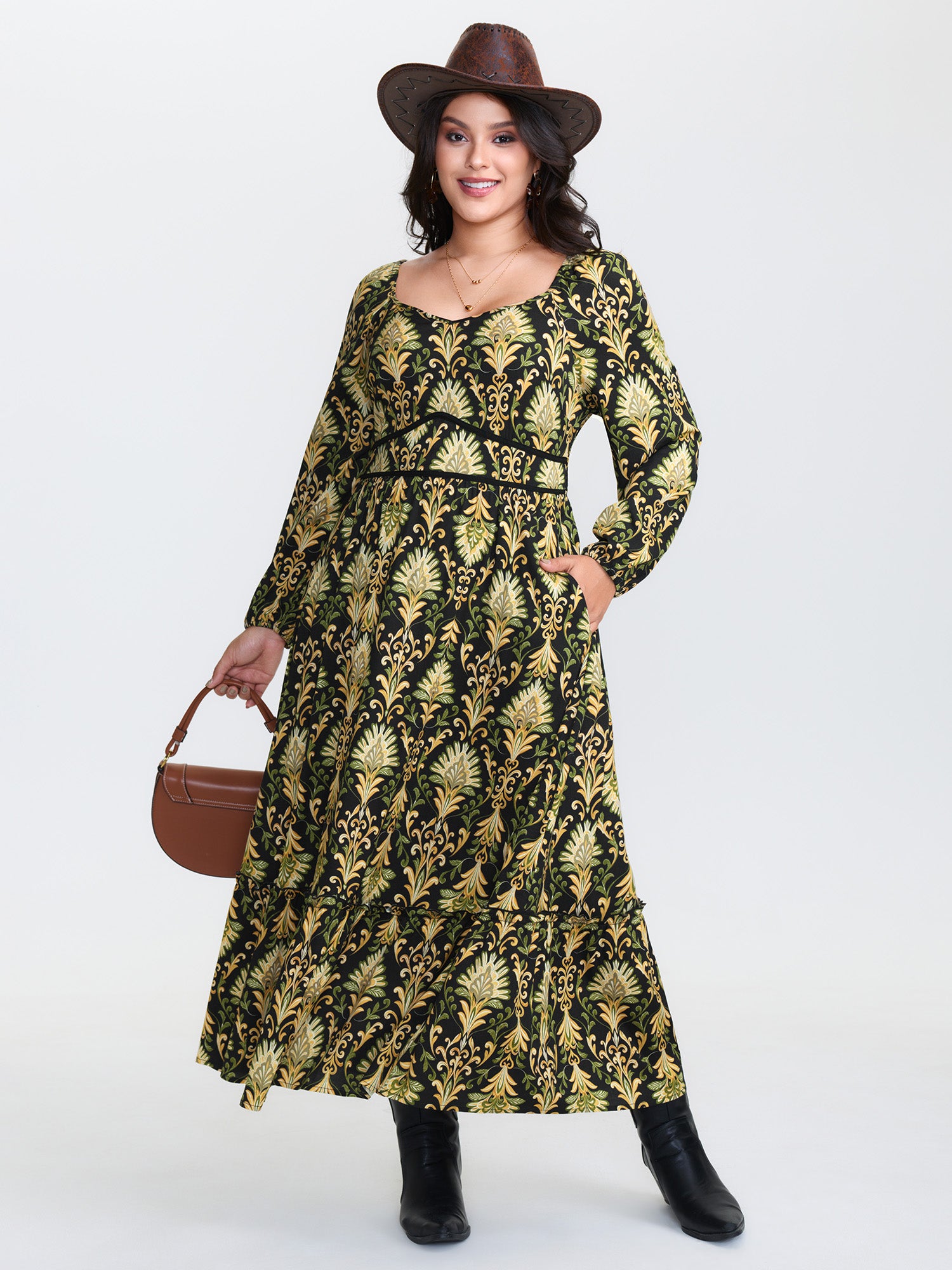 Boho Print Triangular Waist Shirred Maxi Dress