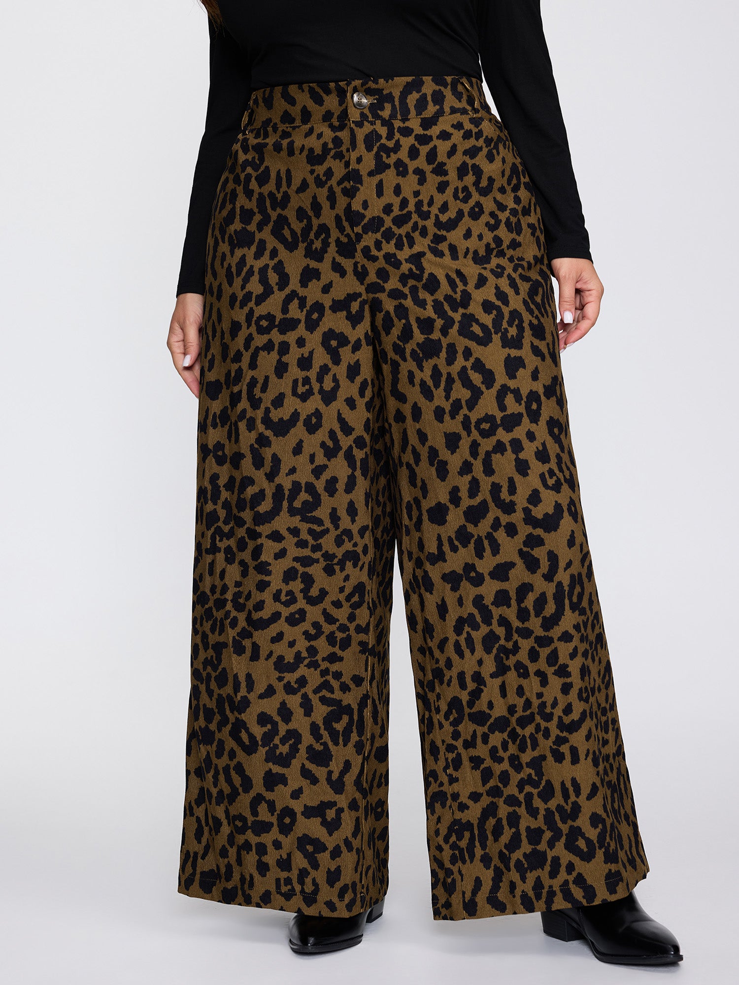 Leopard Corduroy Print Pockets Pants
