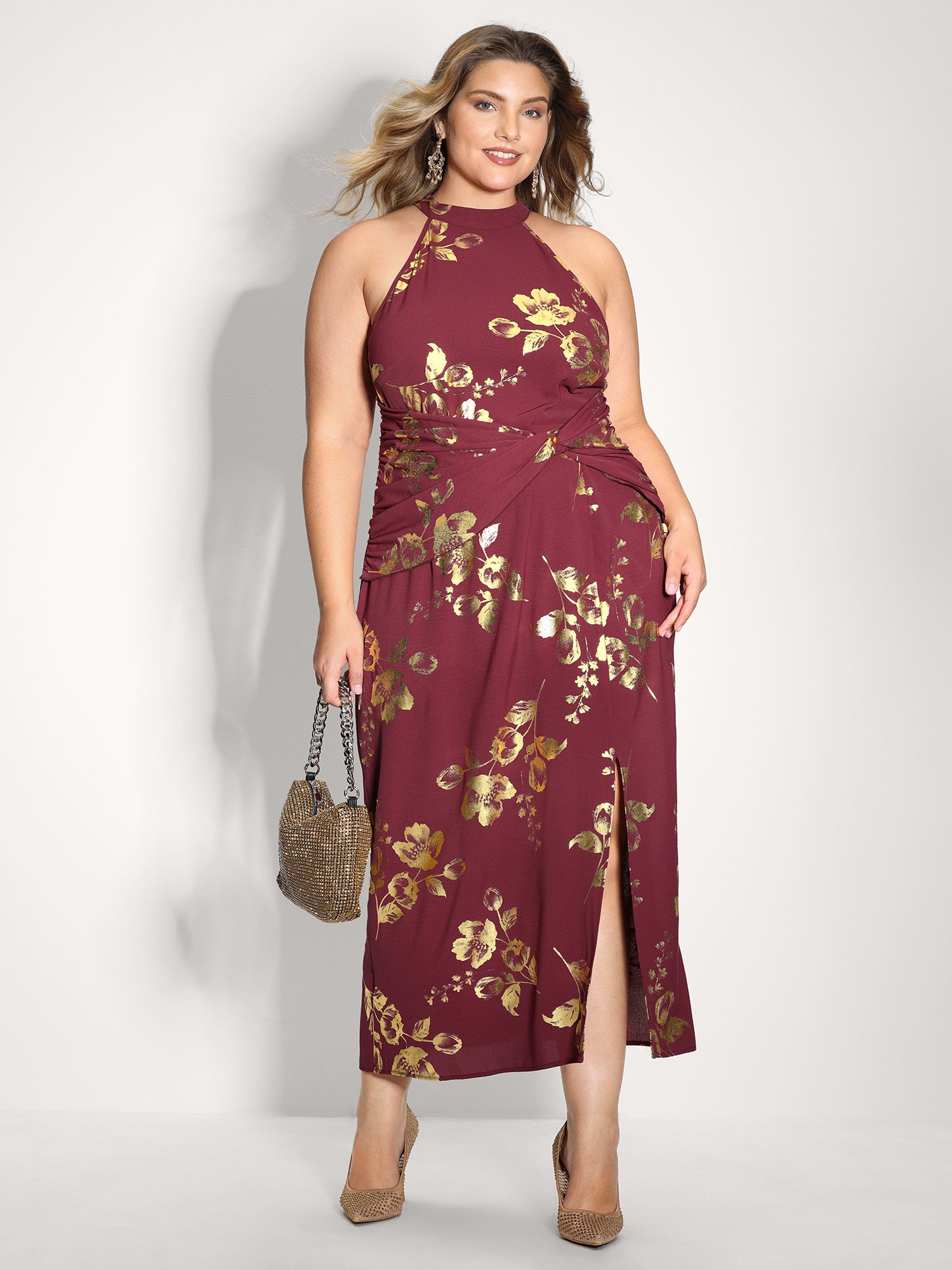 Gold Stamped Rose Twist Waist Midi Dress