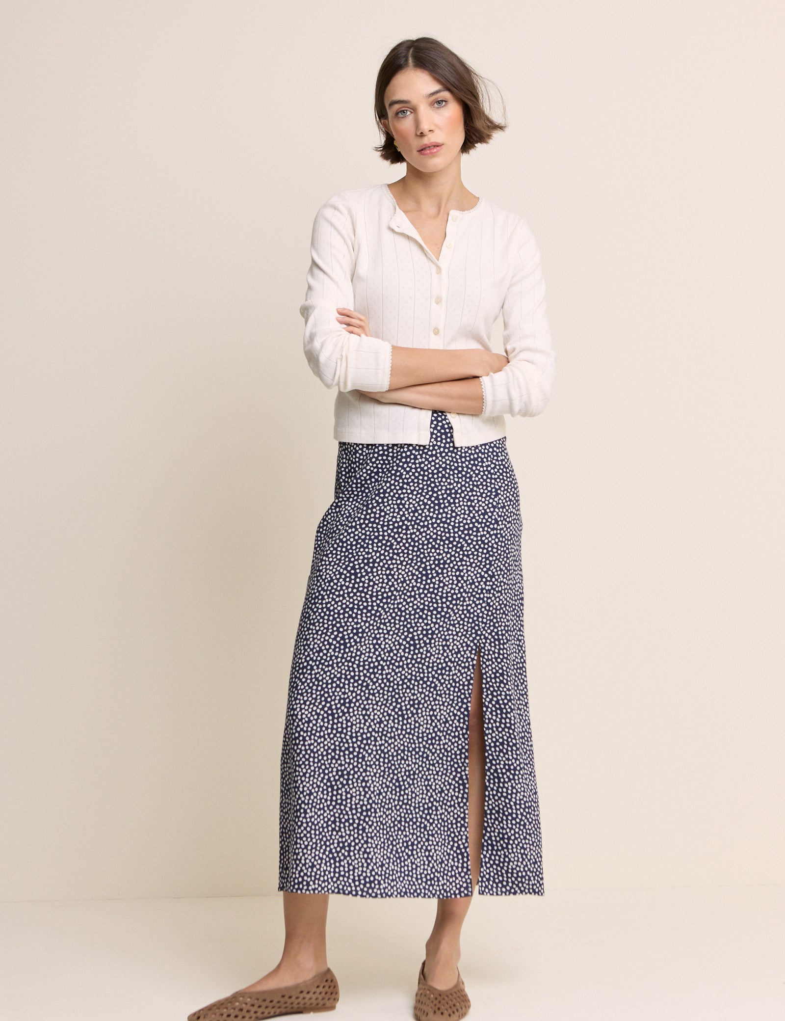 Navy Polka Dot Midi Skirt