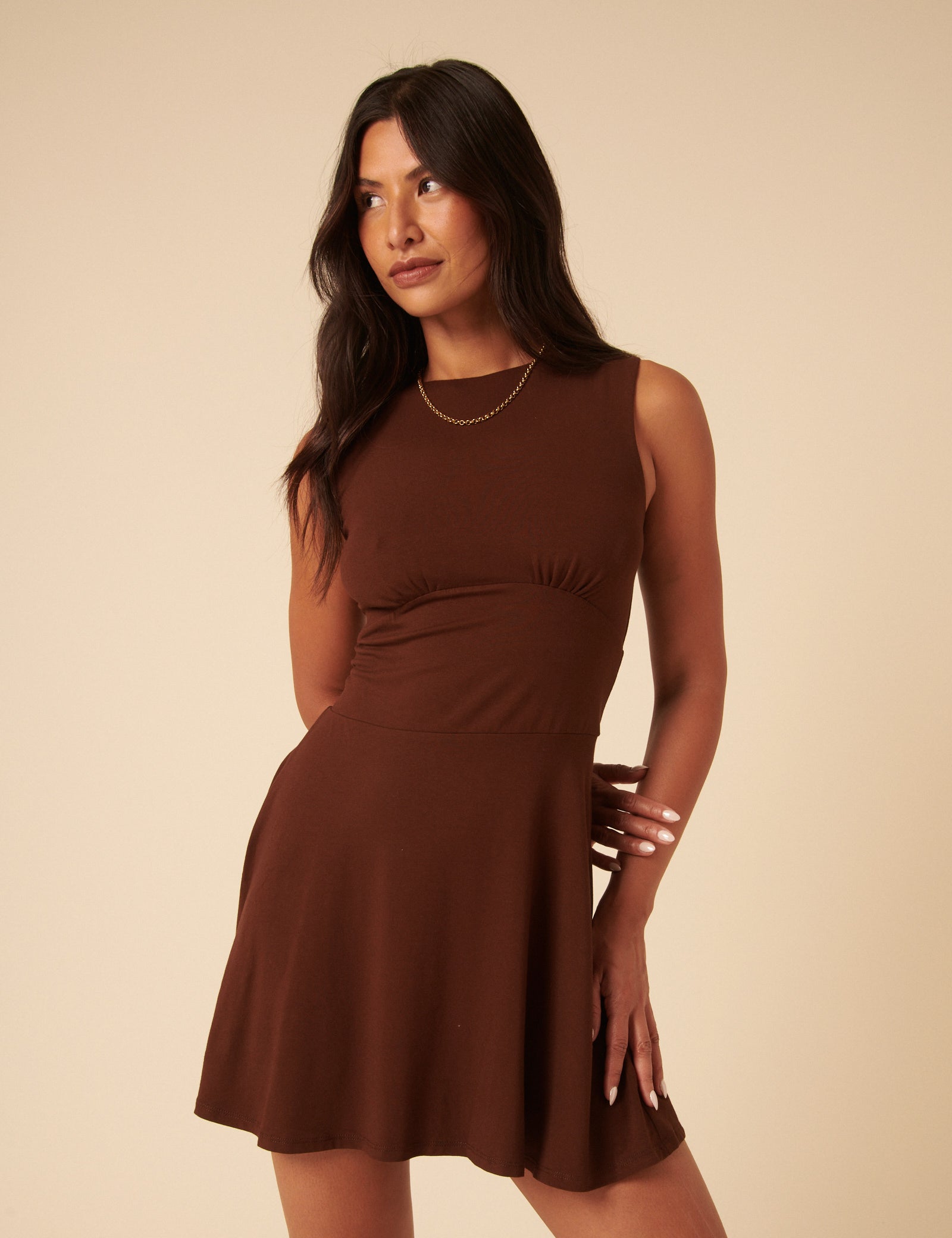 Brown Jersey Boat Neck Tate Mini Dress