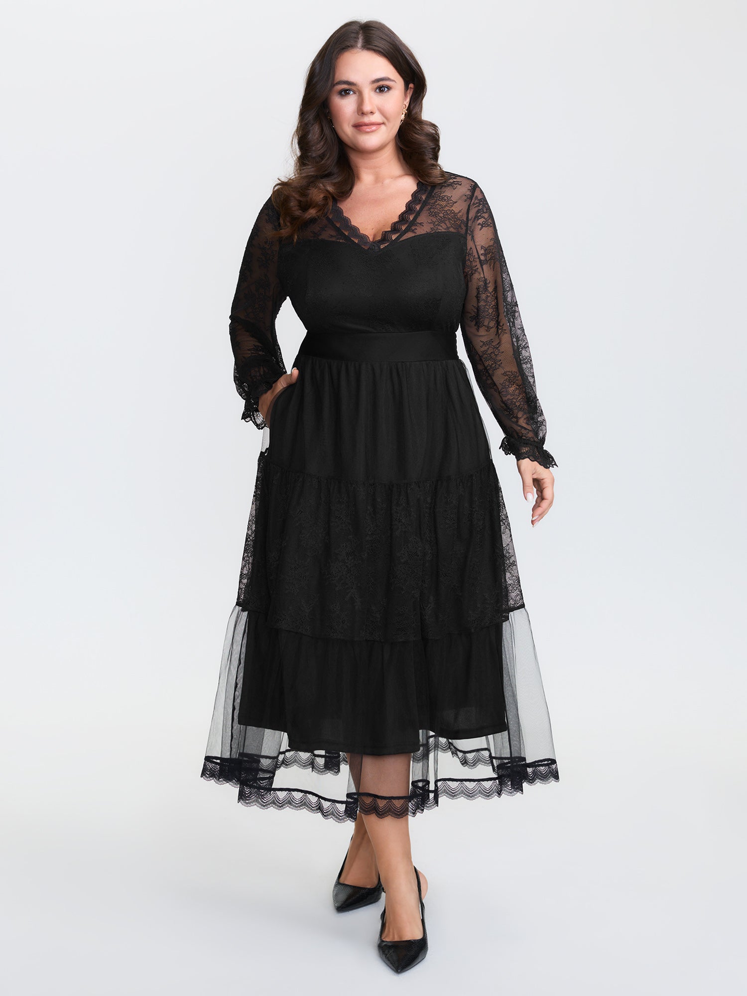 Sheer Lace Trim Stretchy Waist Midi Dress