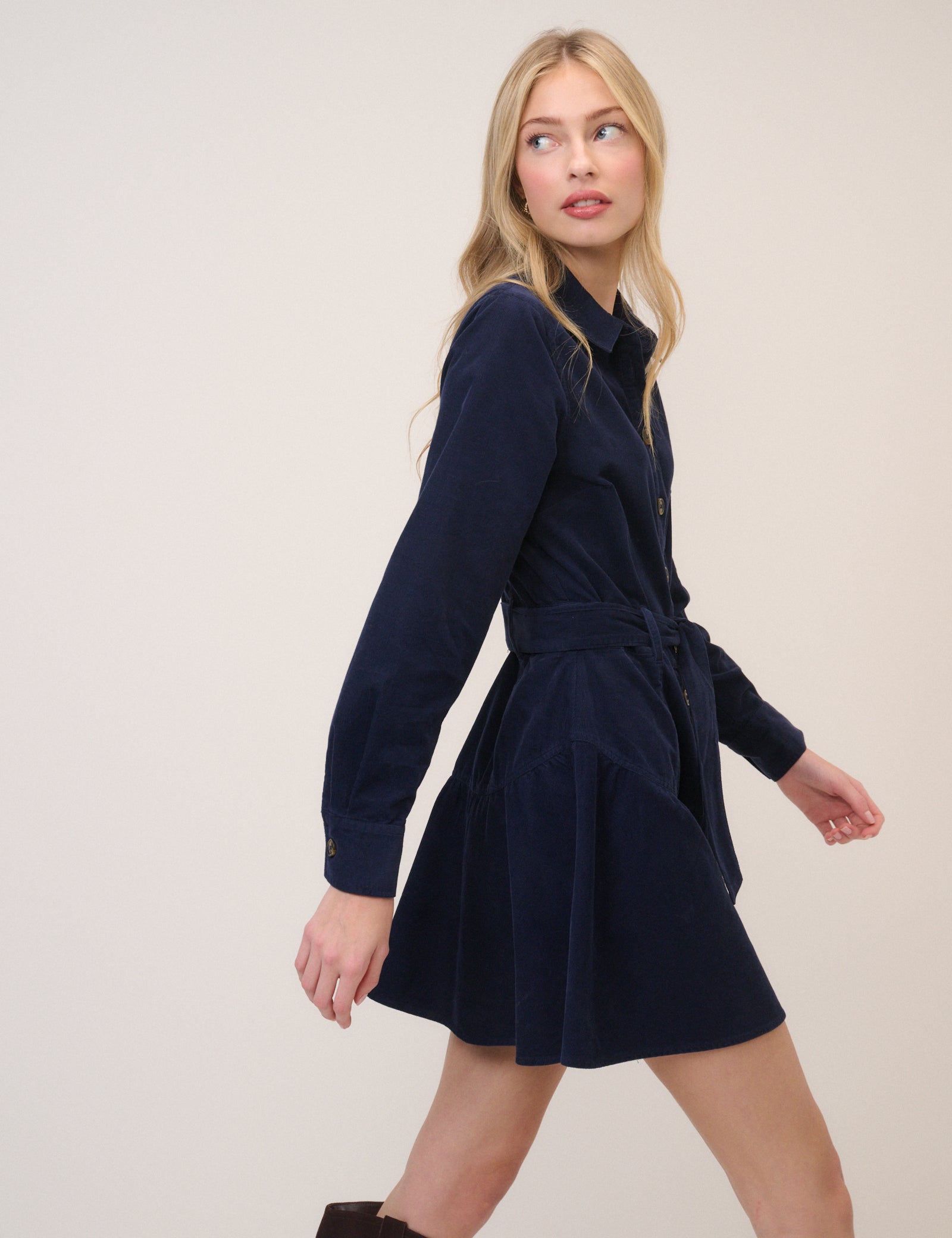 Navy Cord Tie Waist Eve Shirt Dress