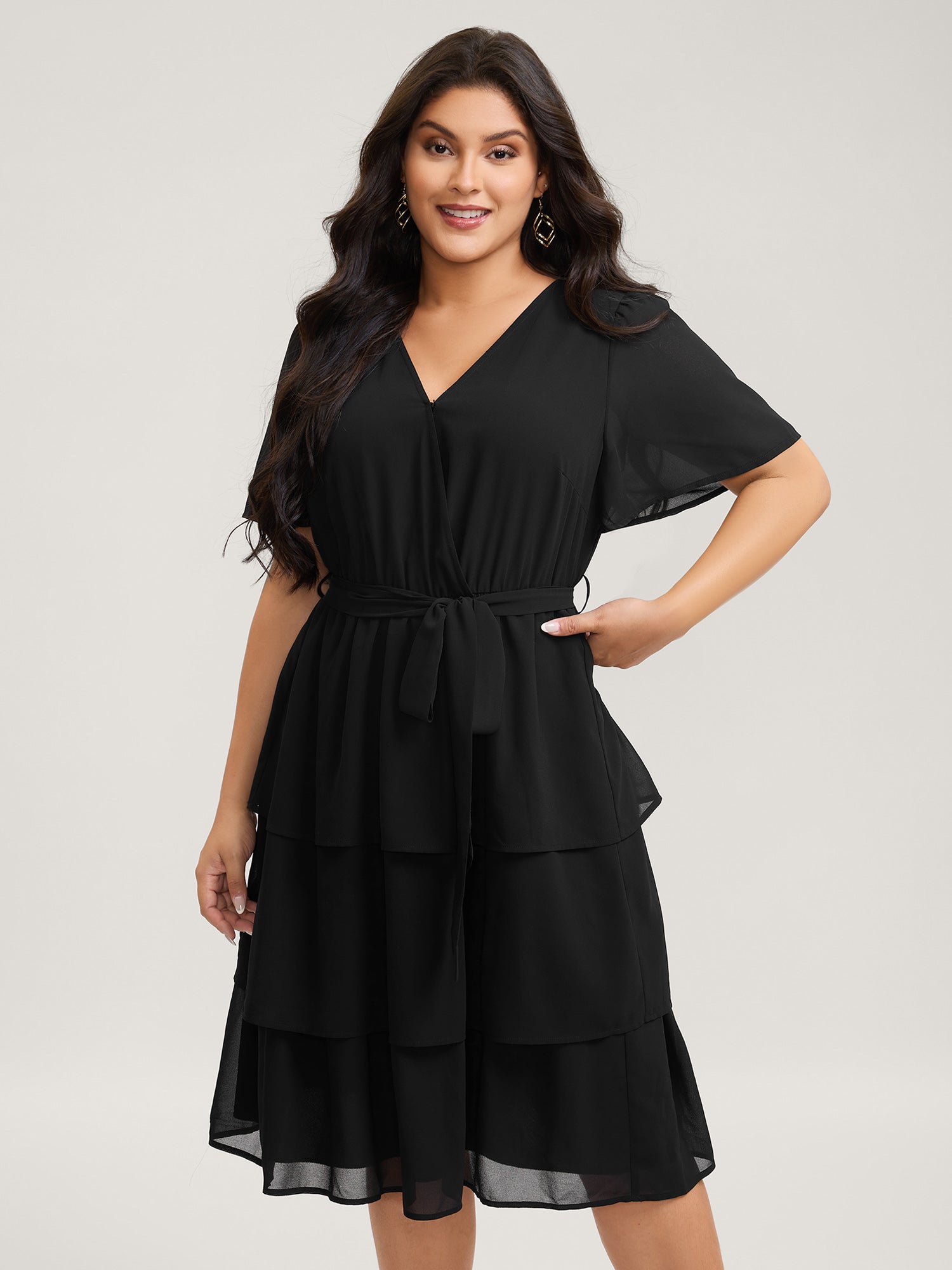 Sheer Chiffon Layered Skirt Belted Midi Dress