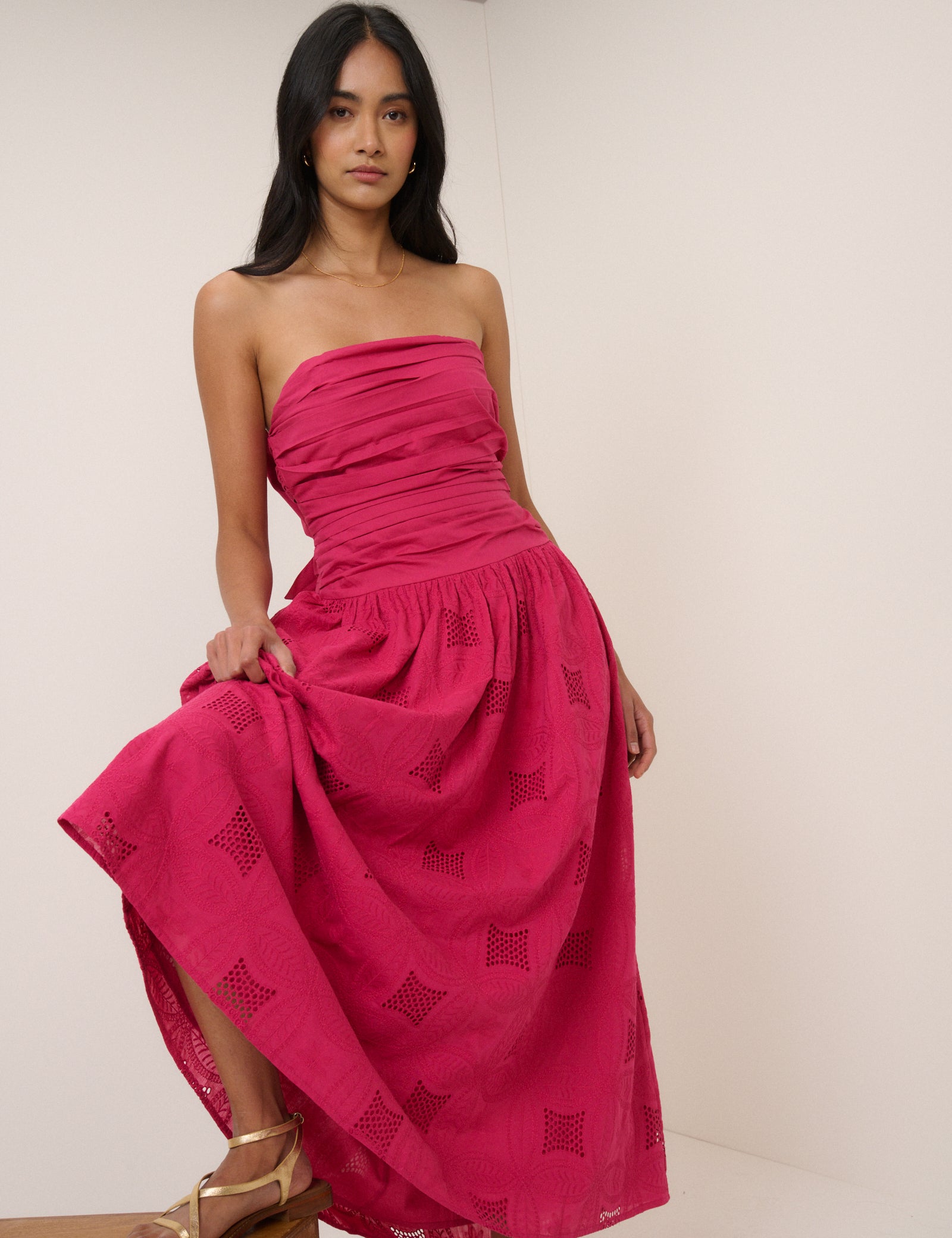 Pink Bandeau Broderie Anglaise Ariella Midi Dress