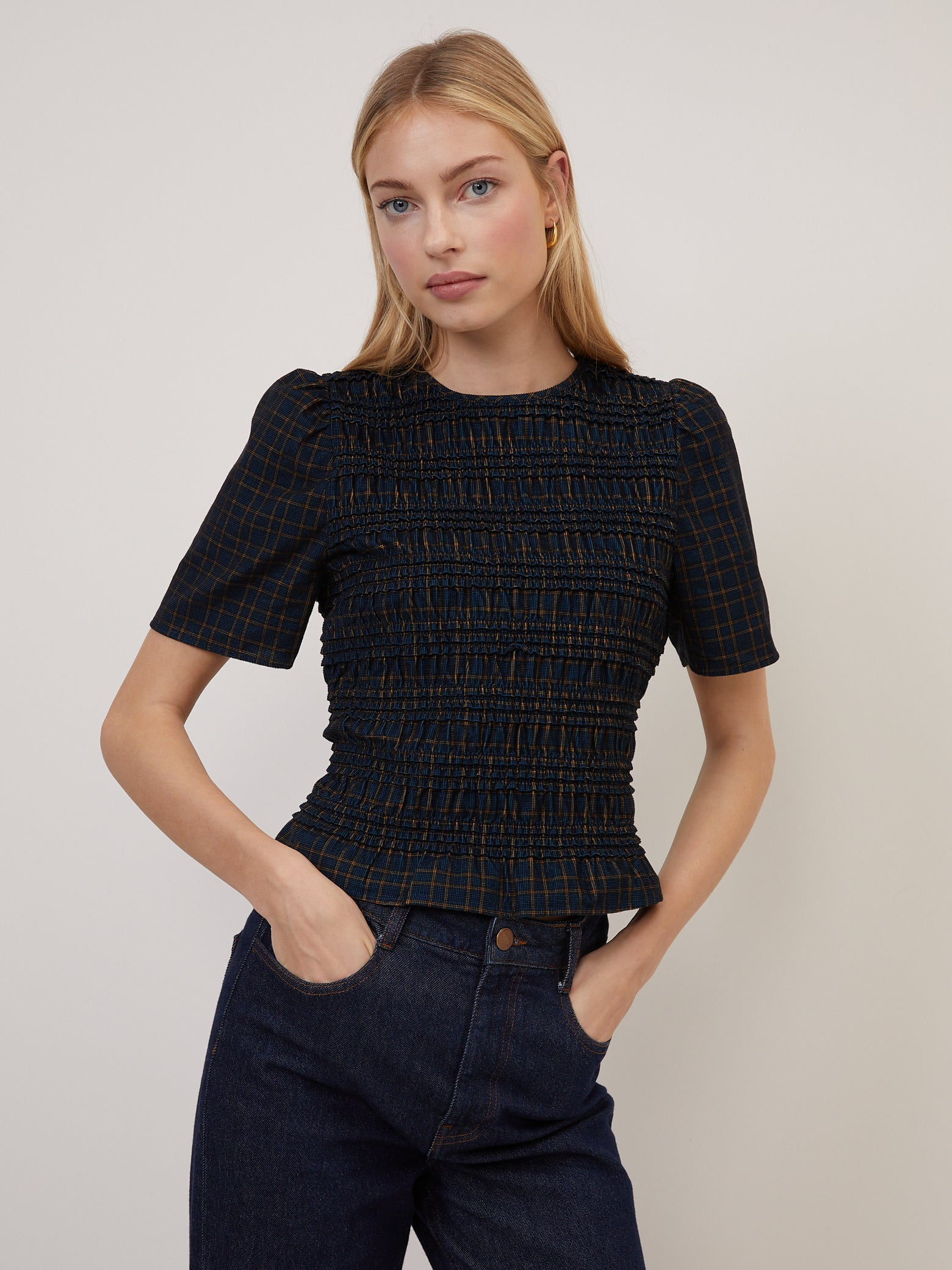Navy Blue Check Shirred Cord Top