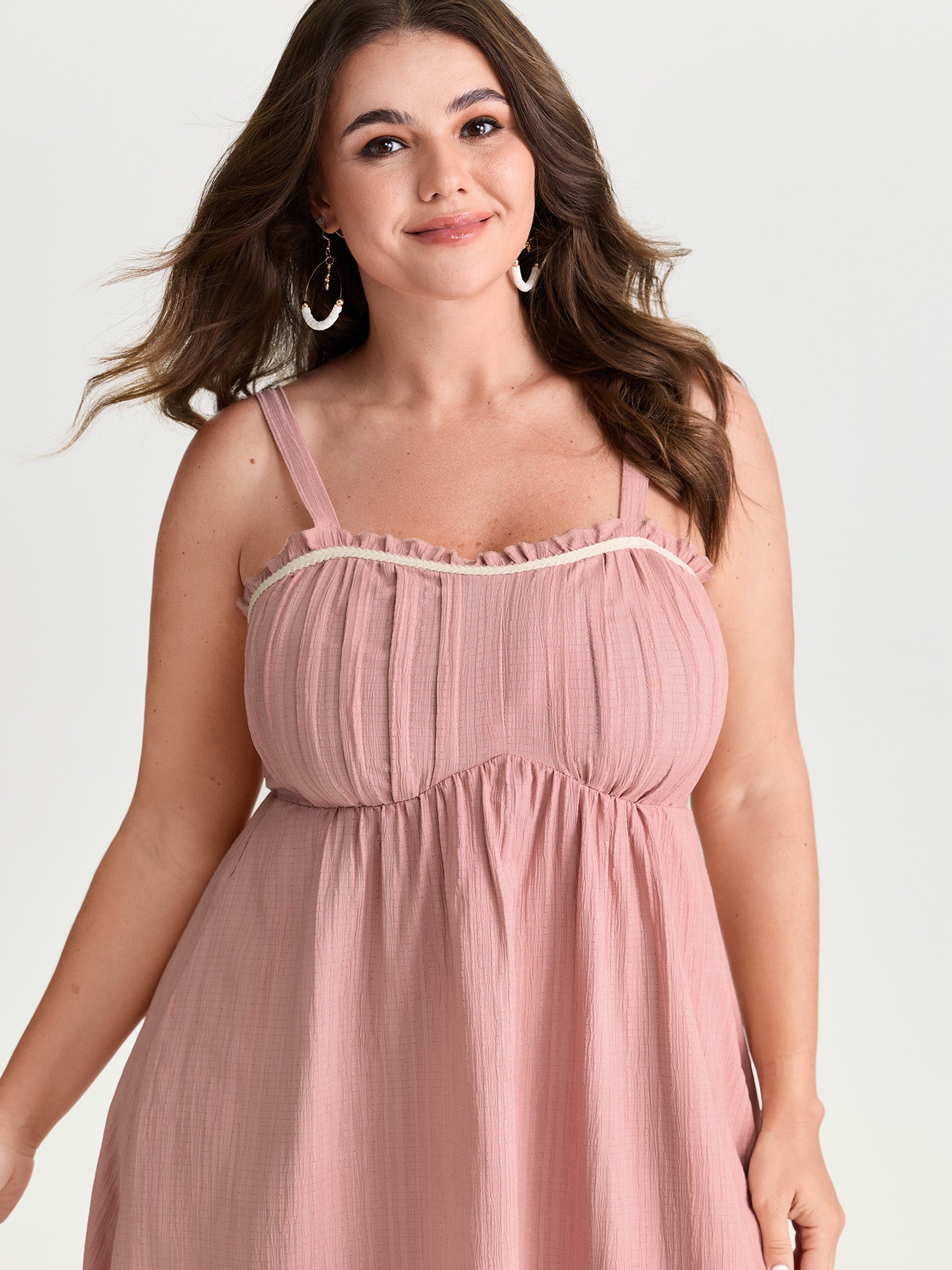 Pleated Front Textured Wide Strap Midi Dress