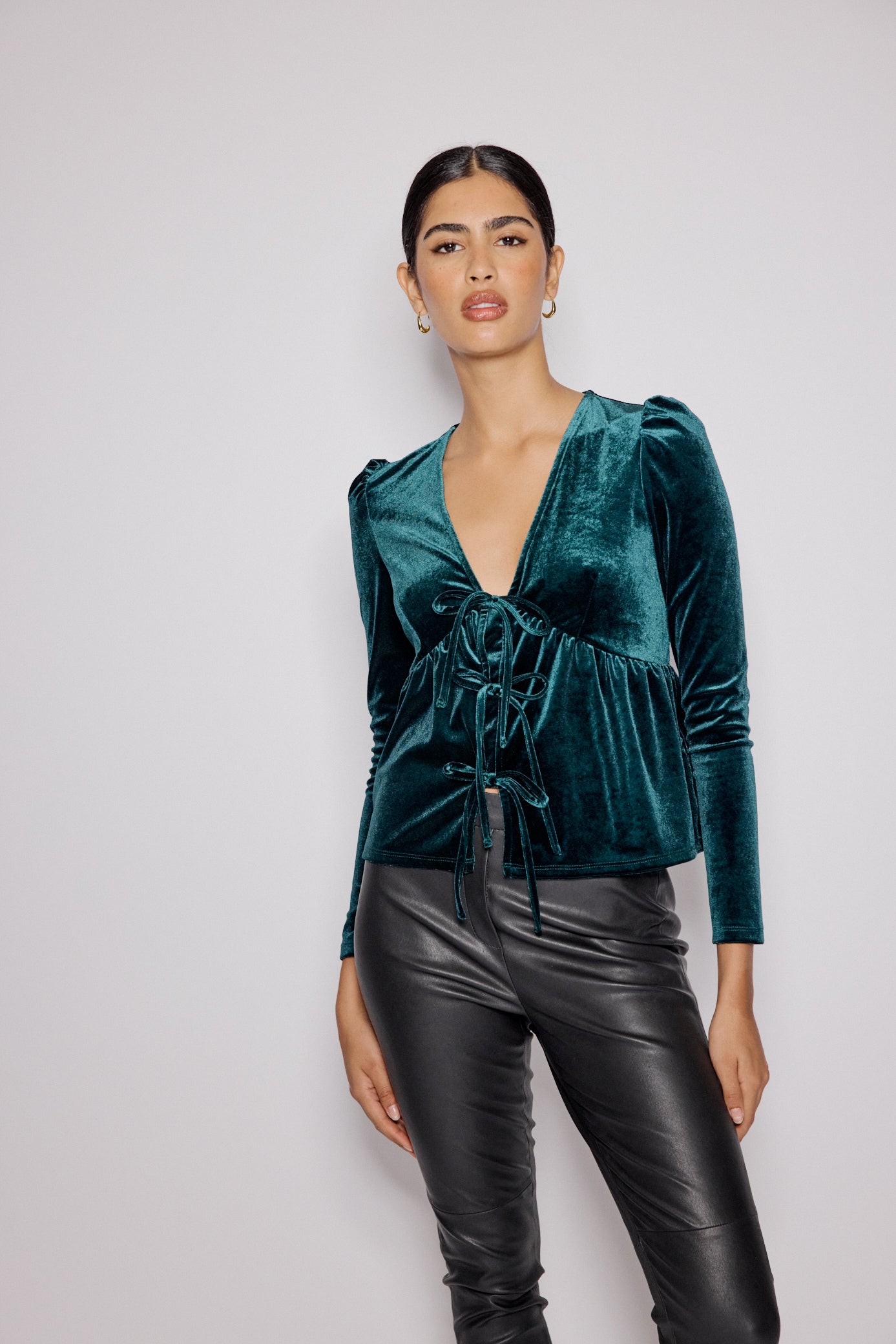 Green Velvet Tie Front Top