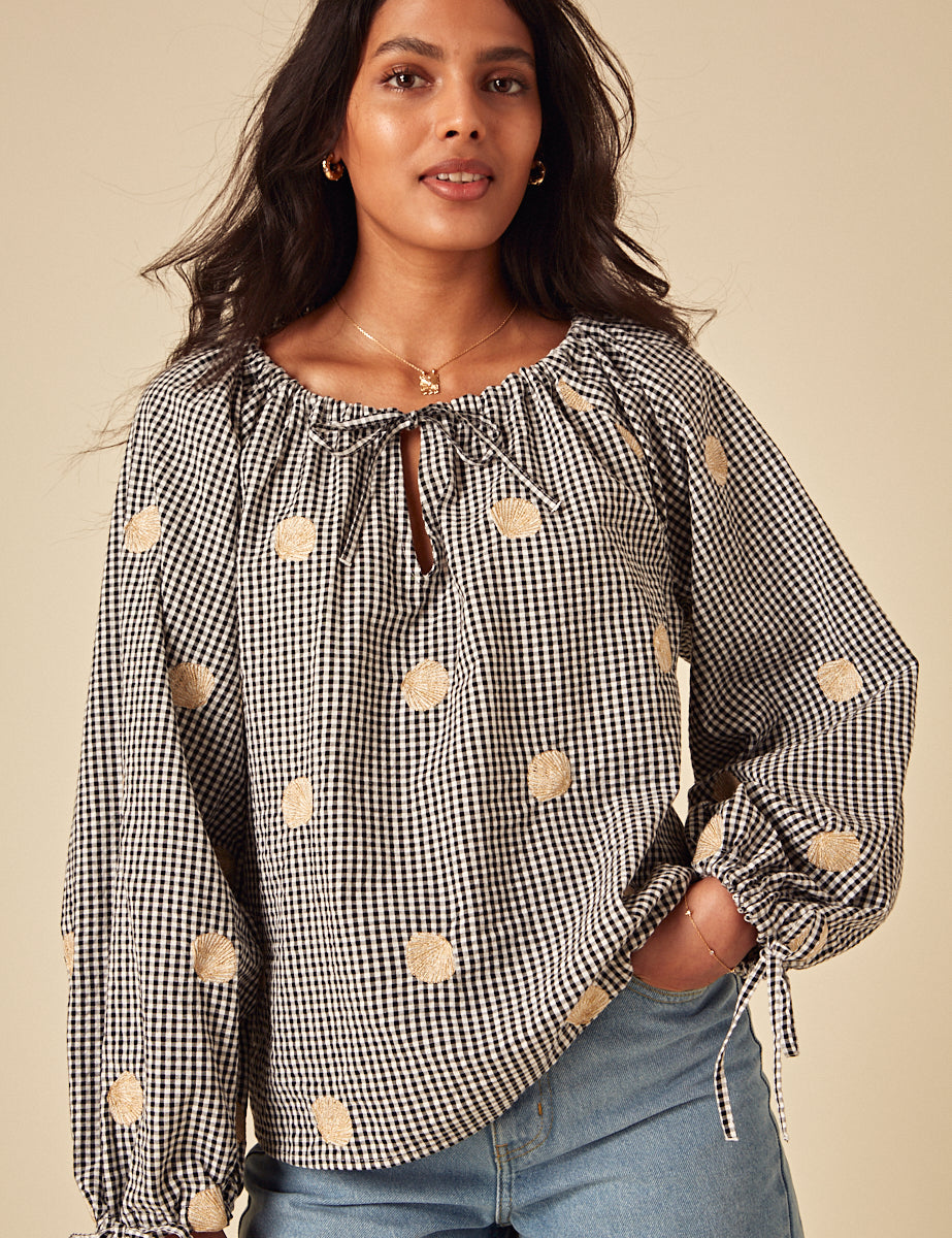Black Gingham Shell Embroidered Poet Blouse