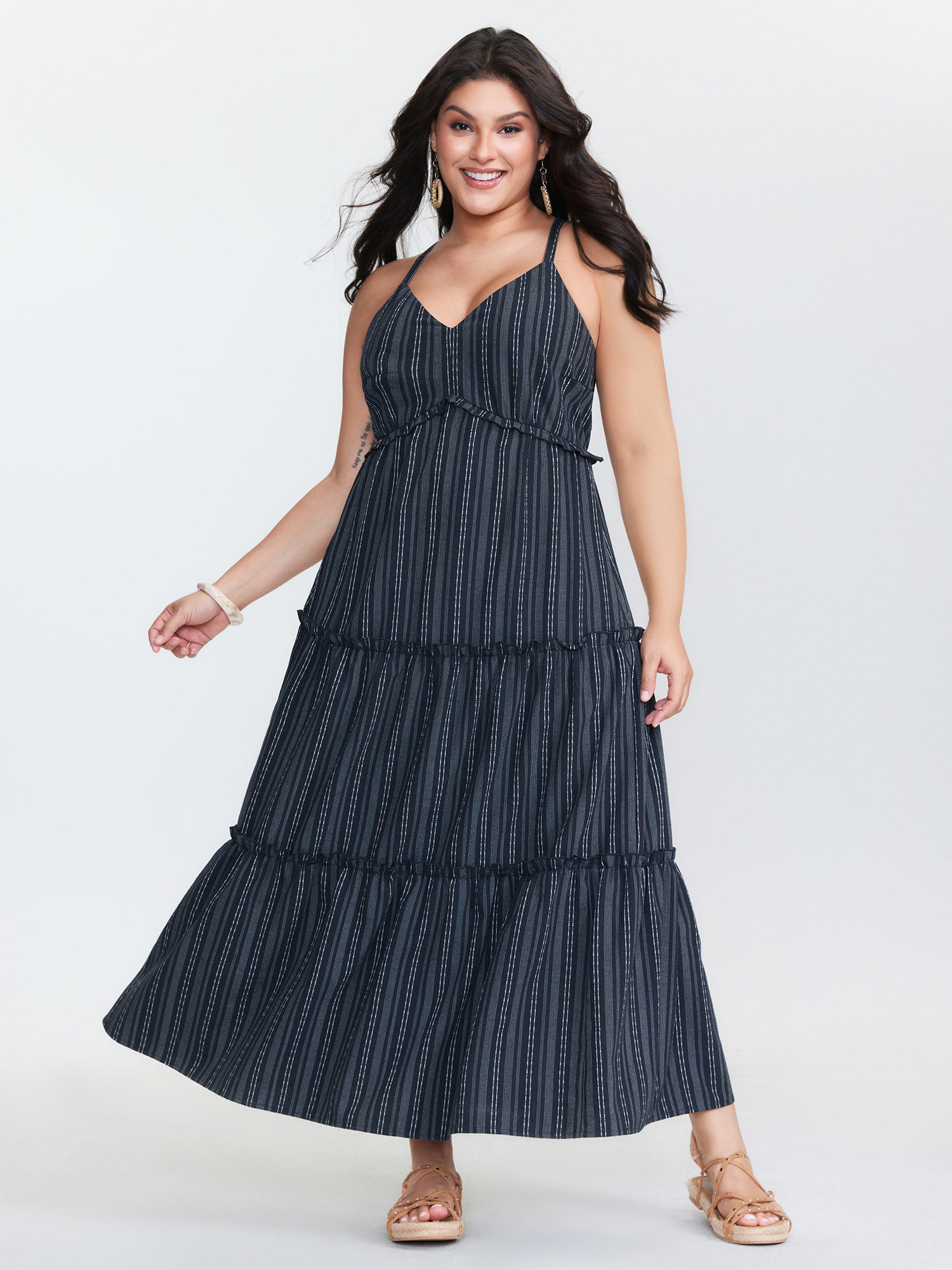 Striped Linen Blend Tiered Maxi Dress