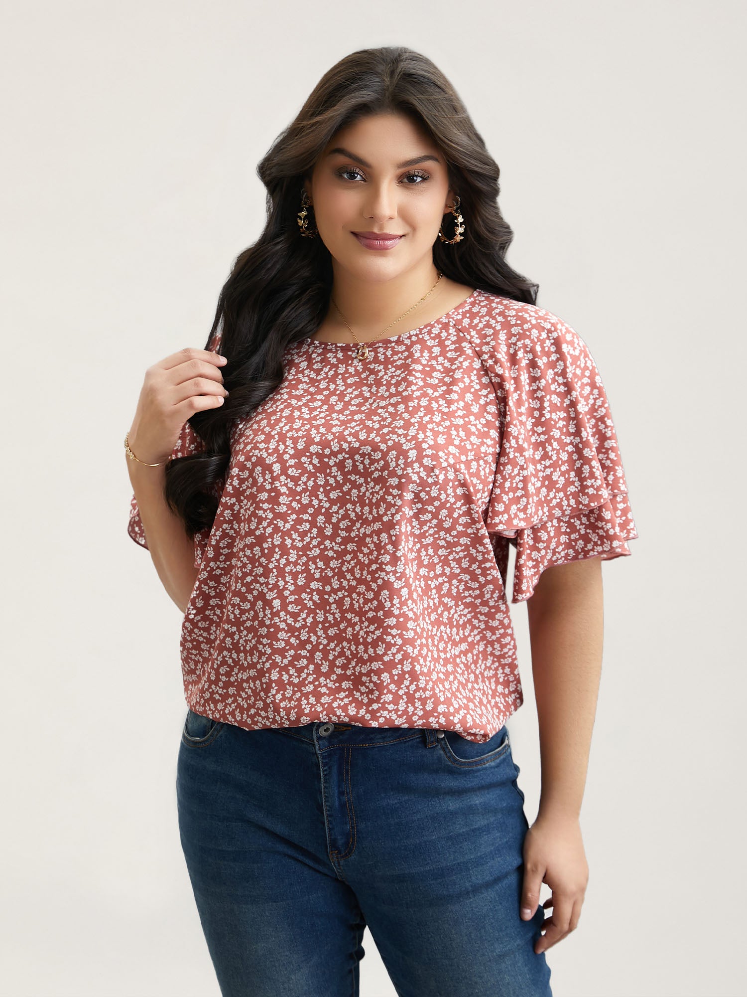 Ditsy Floral Print Tiered Lotus Leaf Sleeve Shirt