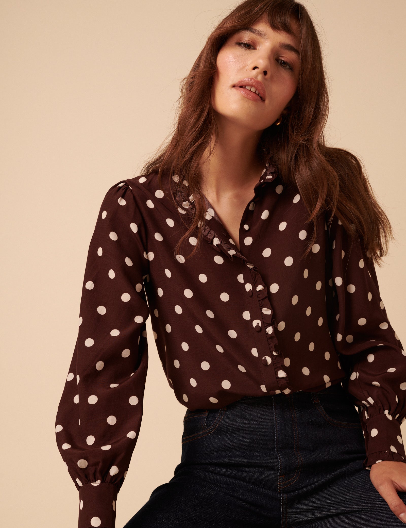 Burgundy Polka Dot Frill Blouse