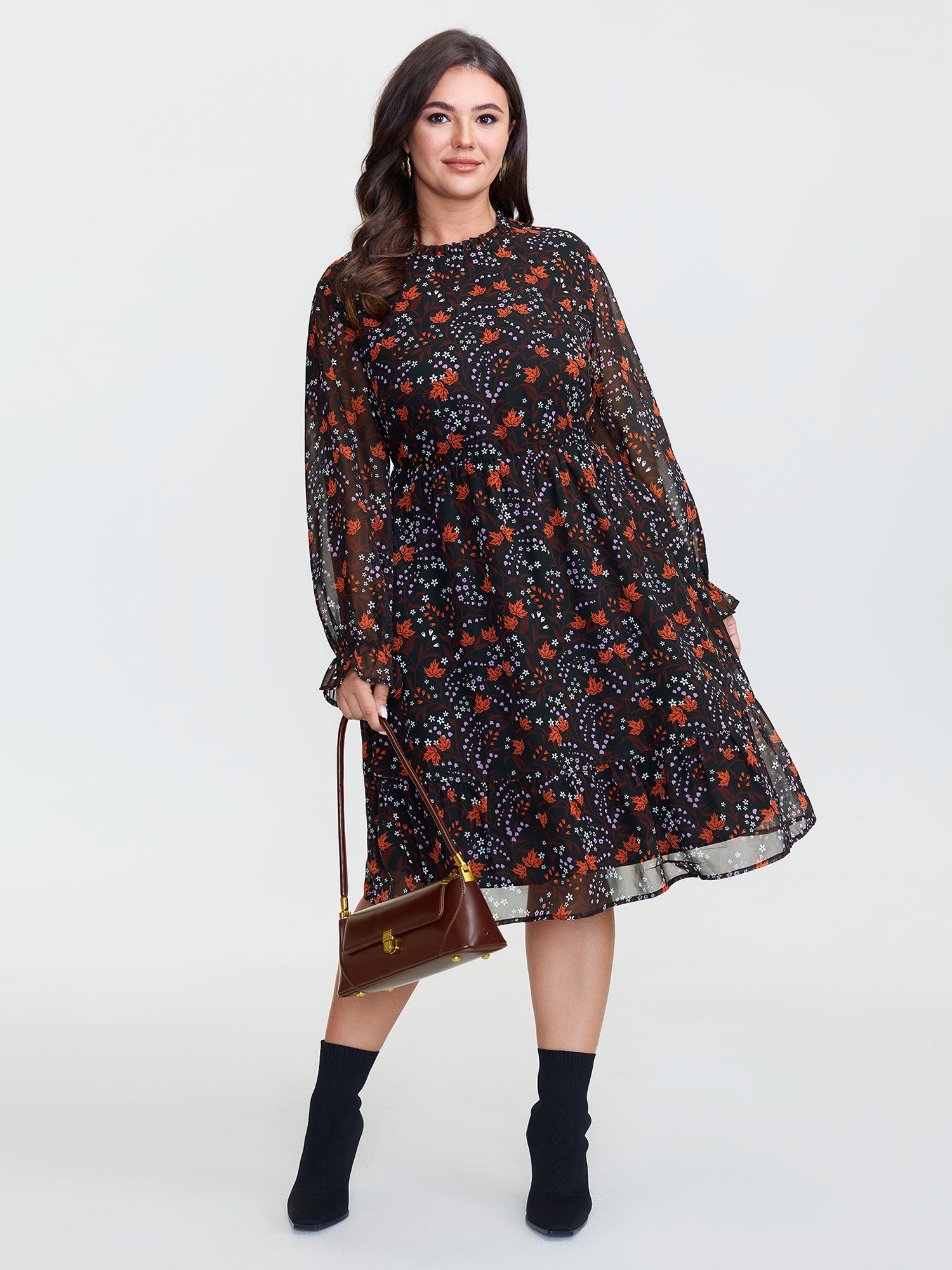 Chiffon Floral Print Ruffled Neck Midi Dress