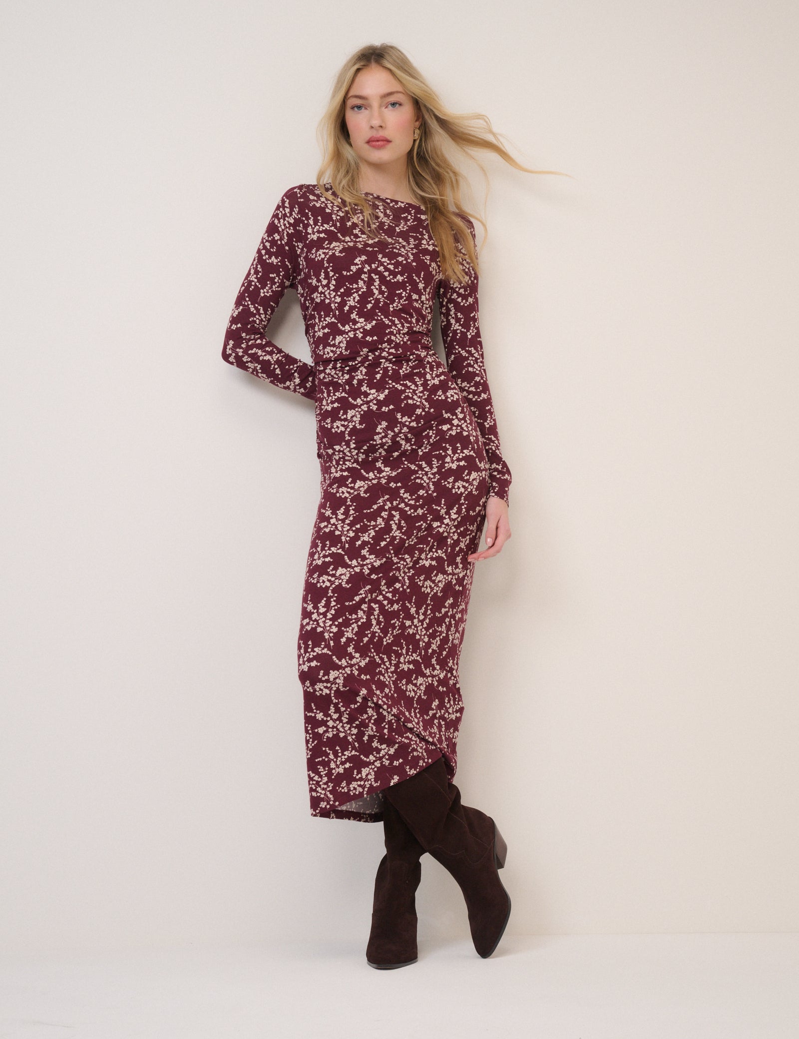 Burgundy Floral Long Sleeve Laurella Jersey Midi Dress
