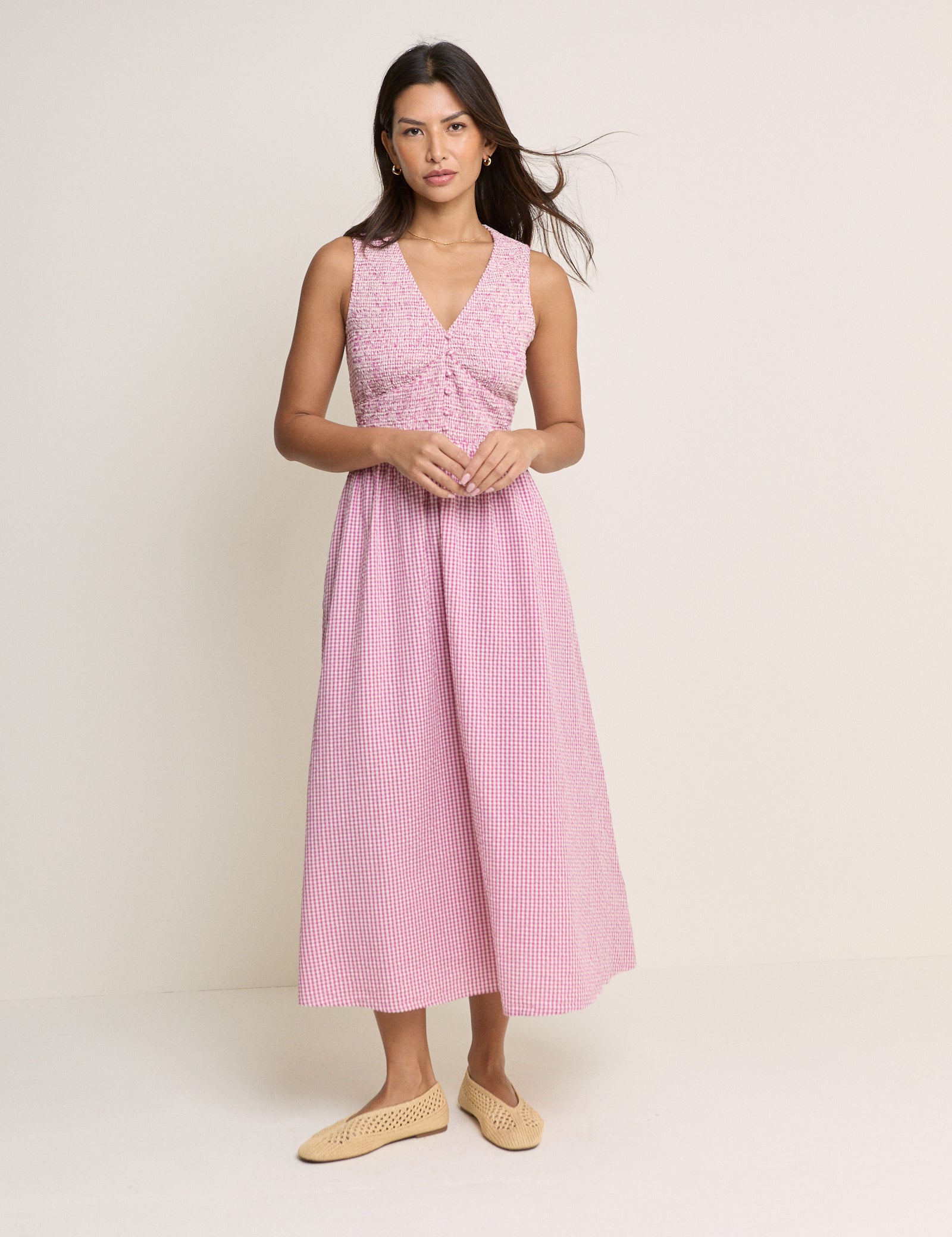 Pink Gingham Sleeveless Eliza Midi Dress