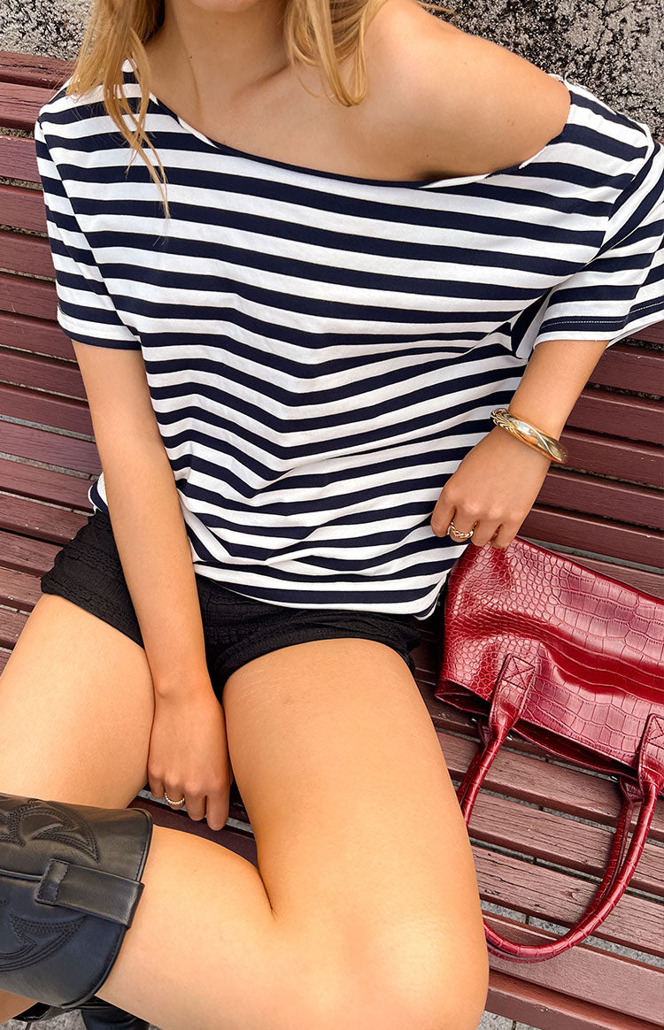 Kaiser Navy Stripe Off Shoulder Oversized Top