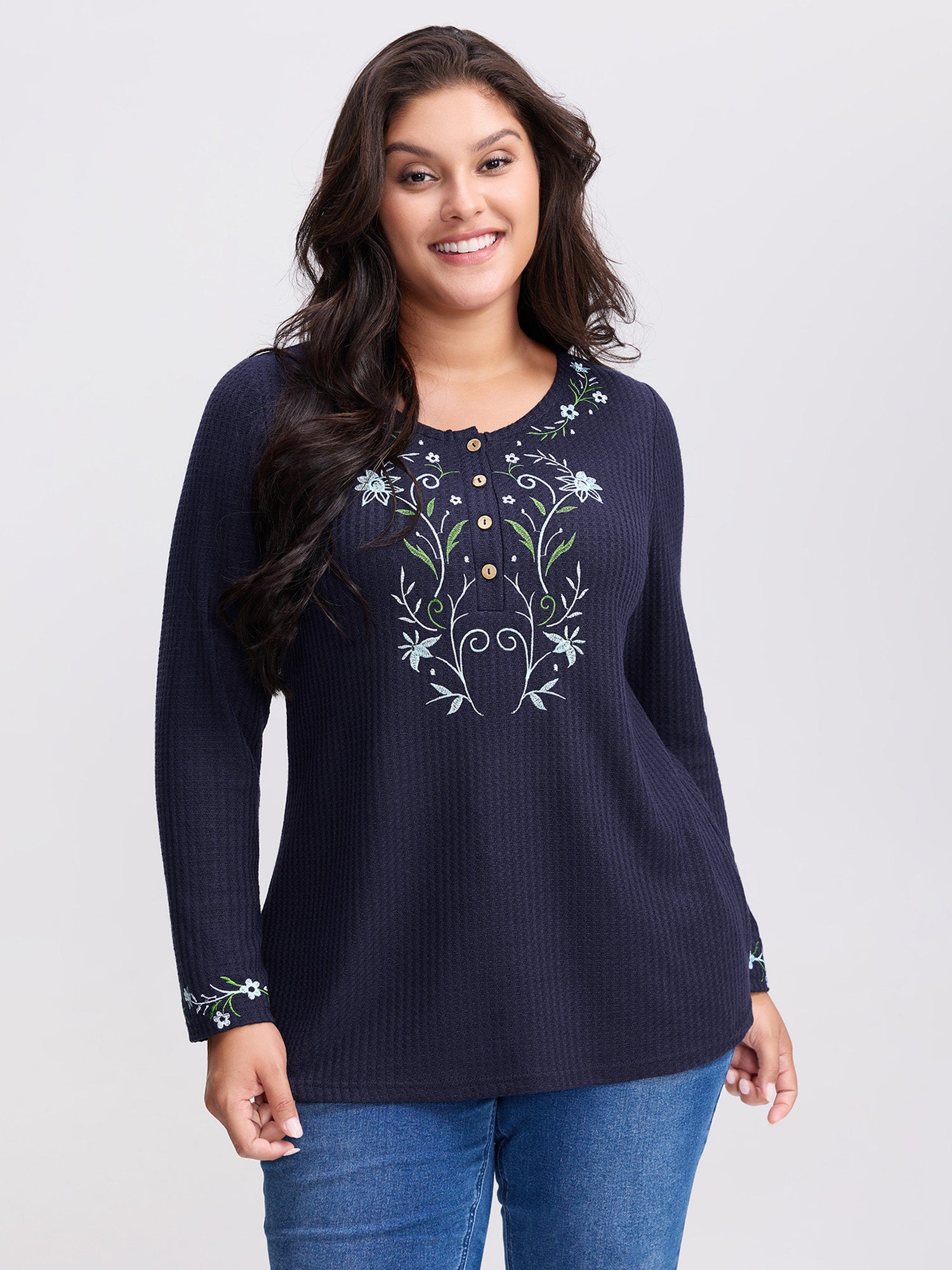 Floral Embroidery Textured Round Neck T-Shirt