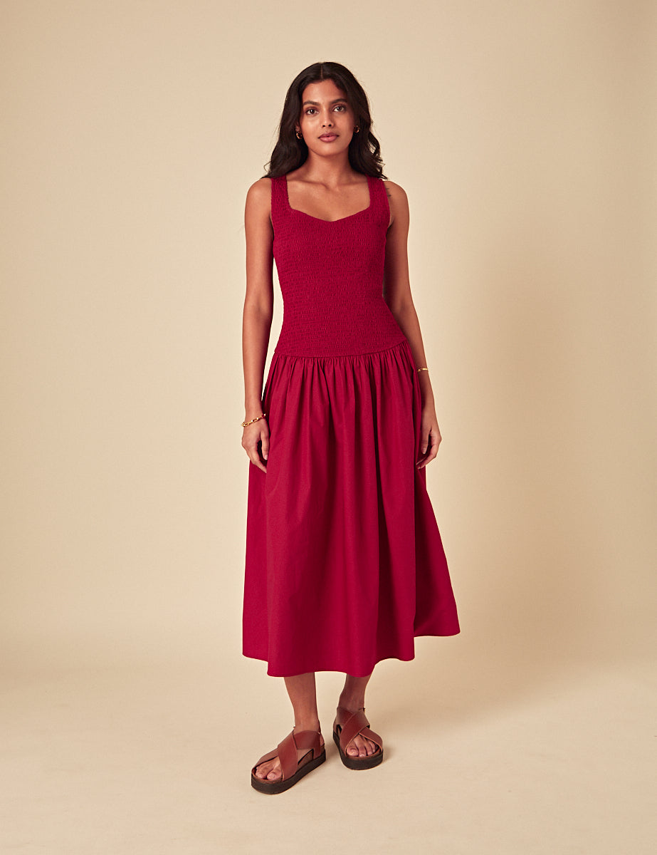 Red Ruched Drop Waist Thalia Midi Dress
