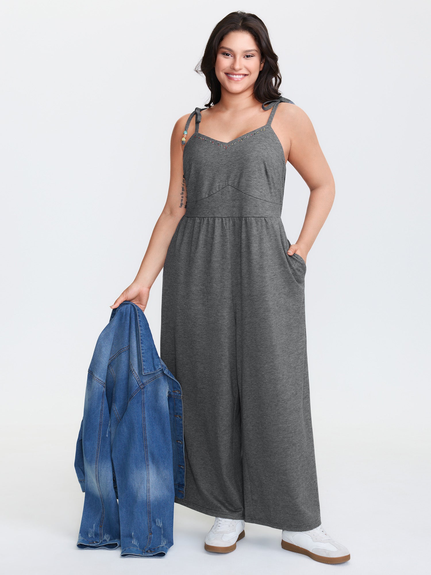 Shoulder-Tie Stretchy Beaded Neckline Jumpsuit