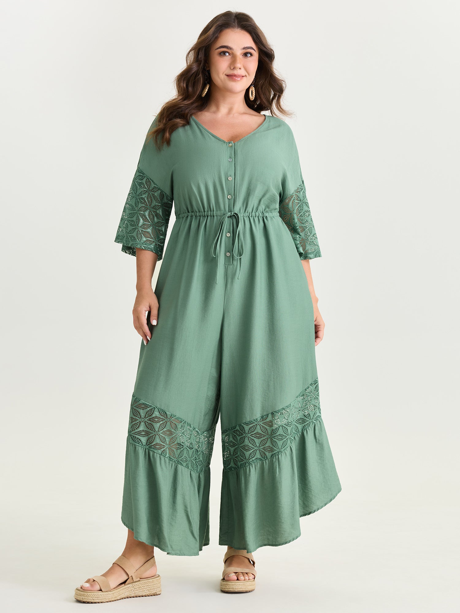 Lace Trim Sheer Sleeve Jumpsuit