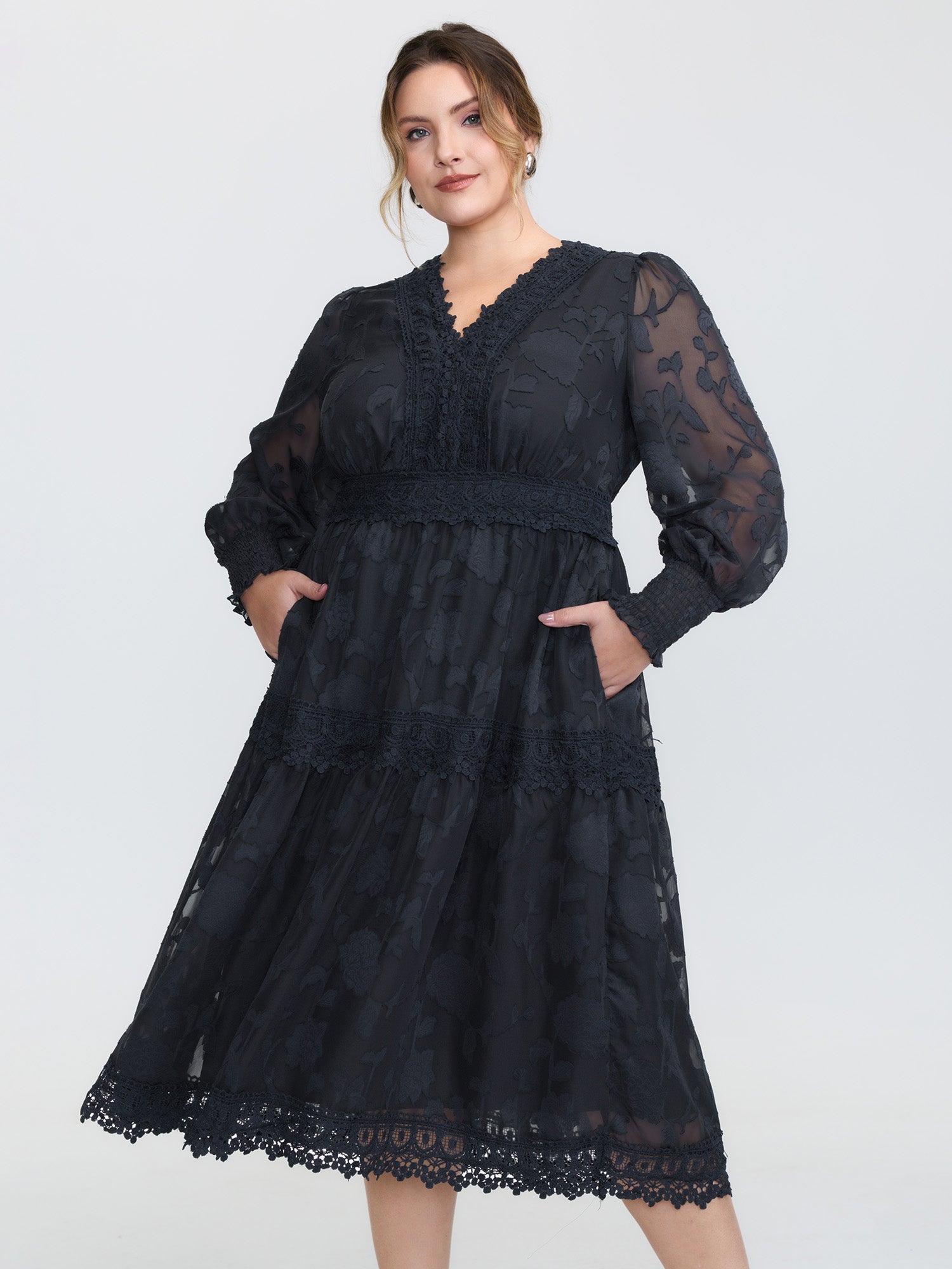 Lace Textured Pleated Waist Tiered Midi Dress