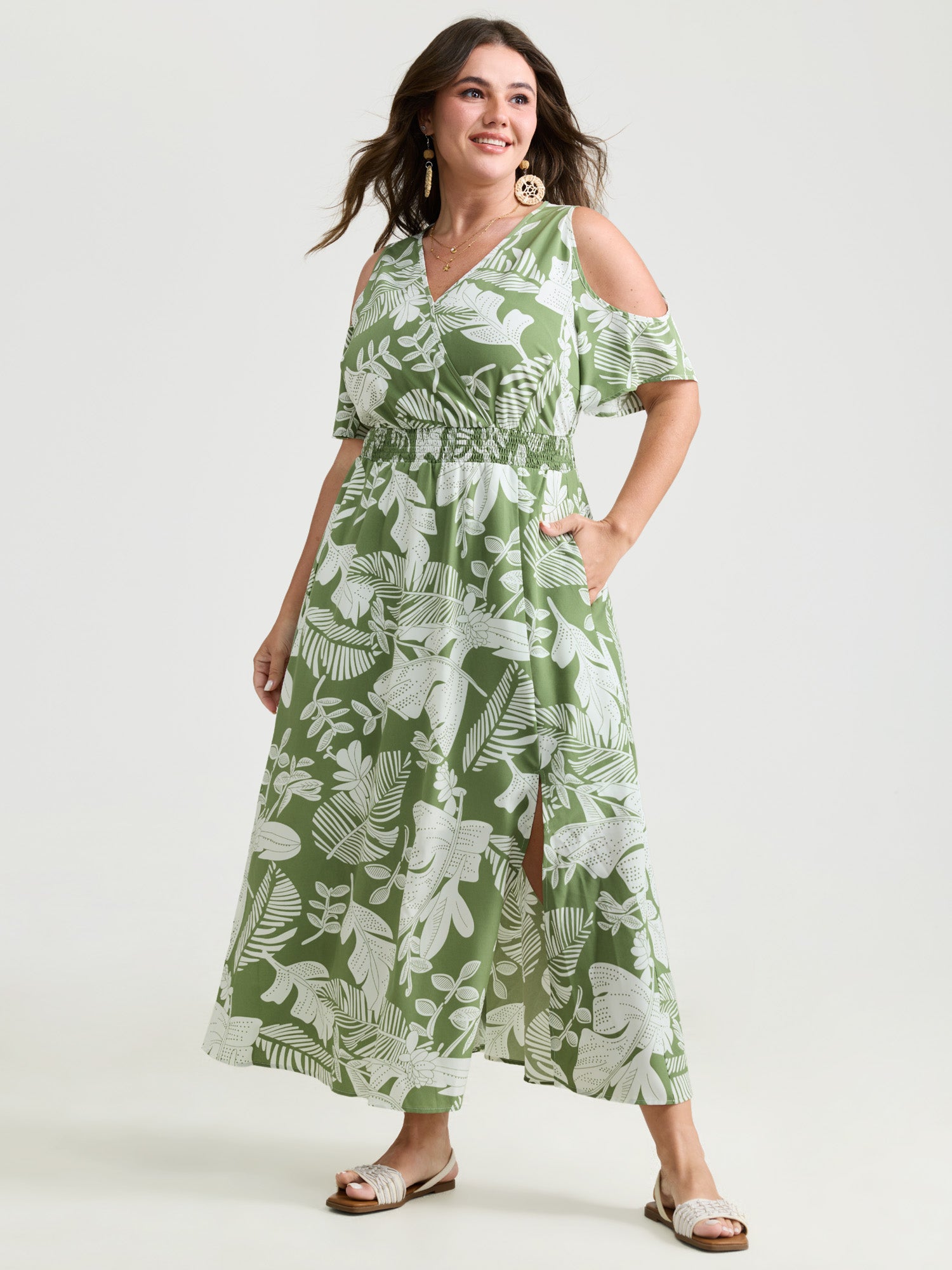Tropical Floral Print Cut-Out Shoulder Maxi Dress