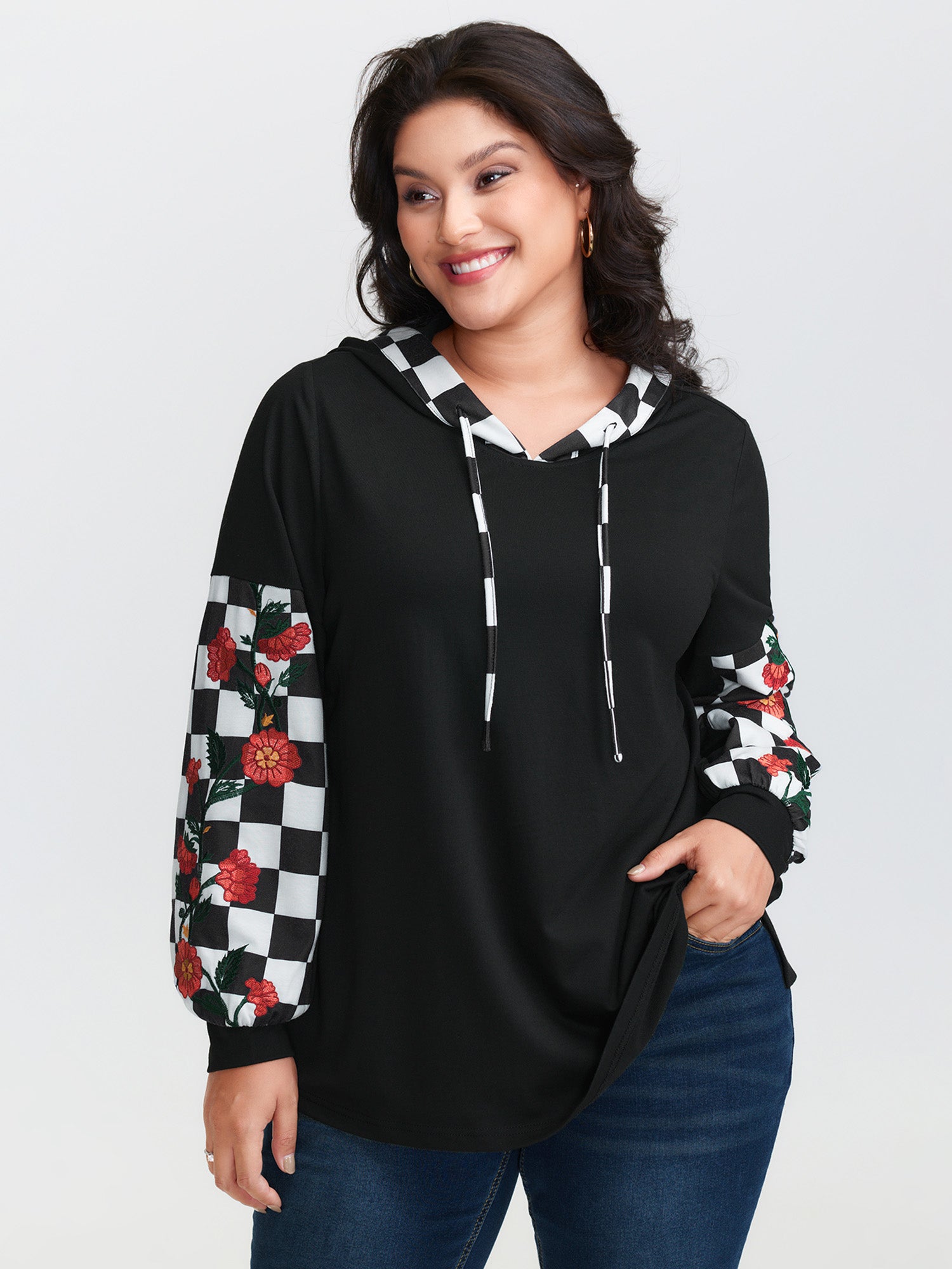 Checkered Stretchy Color Contrast Hoodie