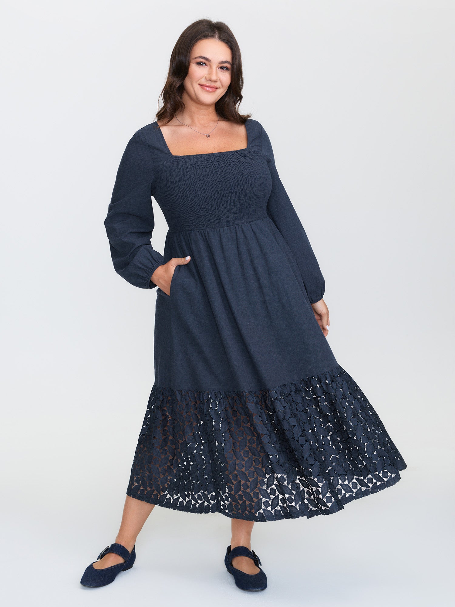Floral Lace Cut-Out Shirred Midi Dress