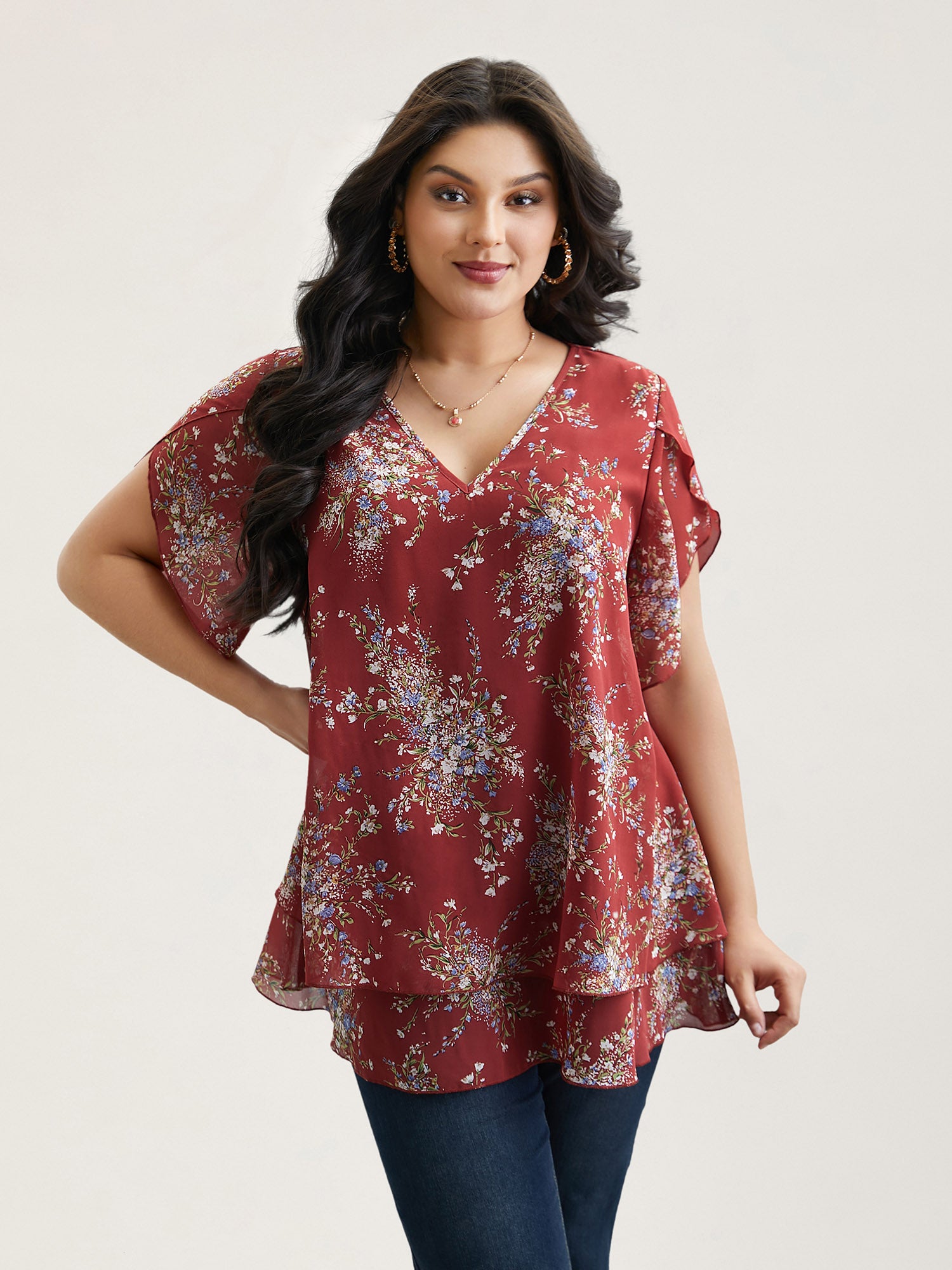 Floral Print Petal Sleeve Layered Blouse