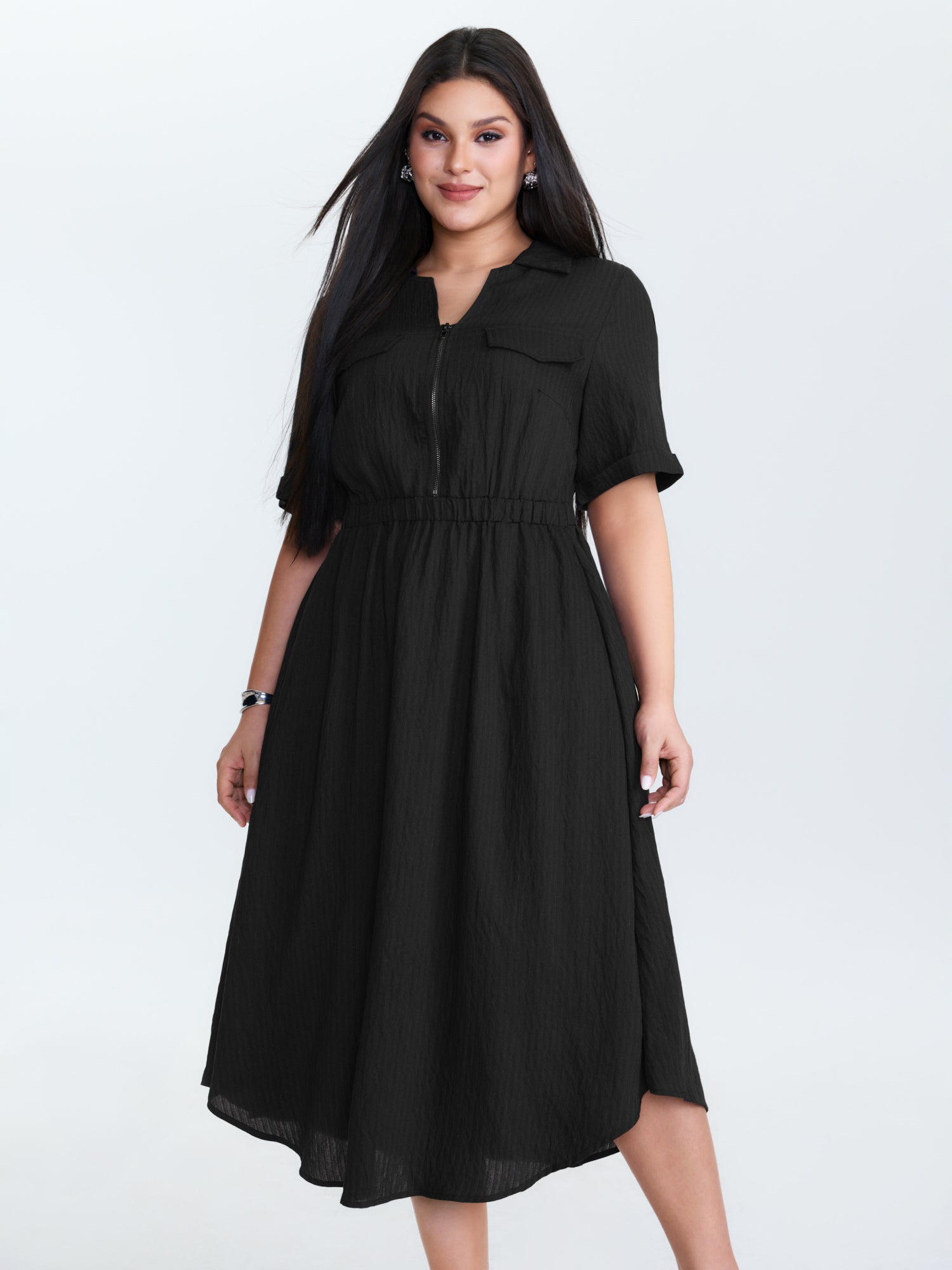 Zipper Front Collar Plain Midi Dress