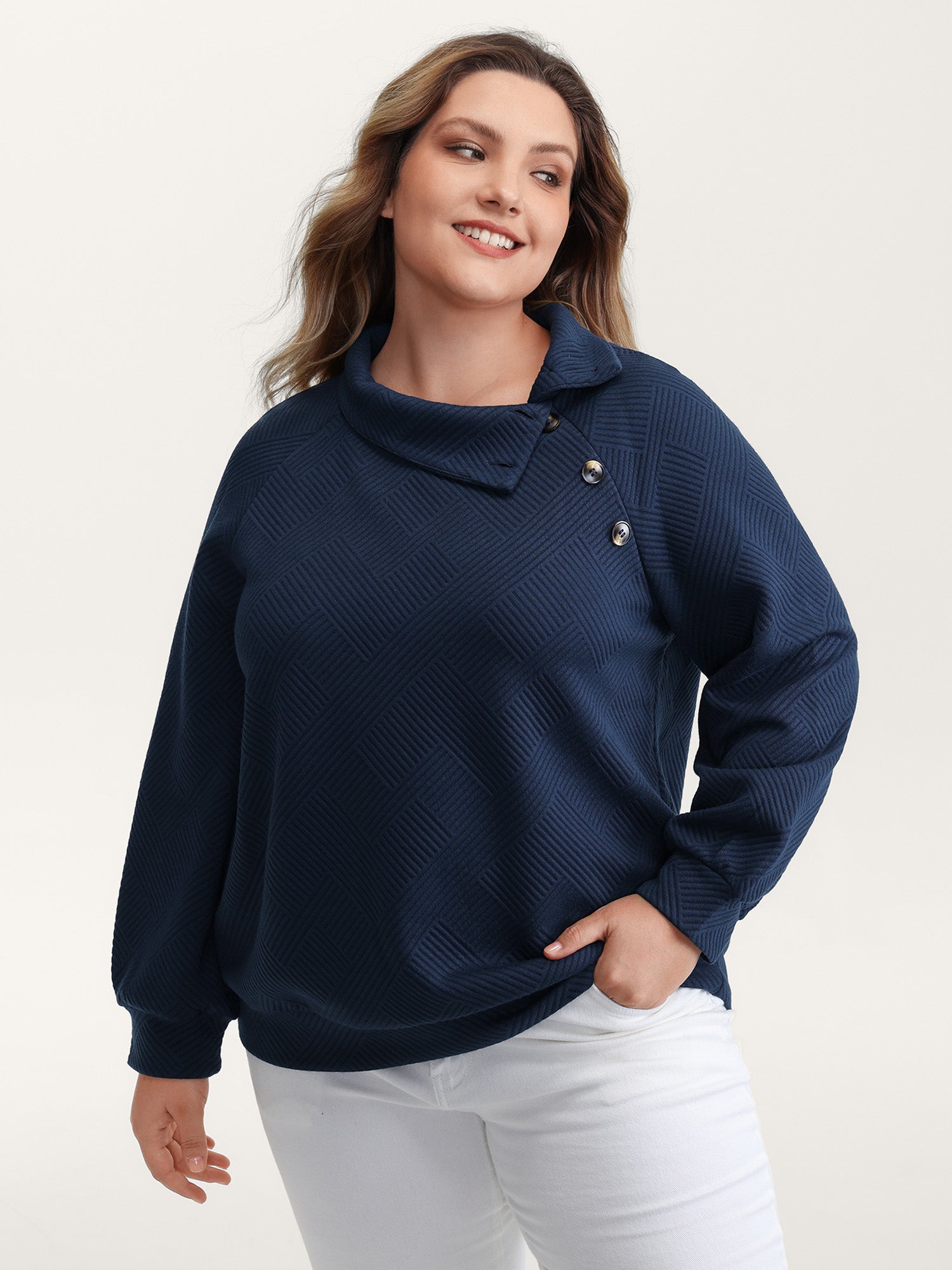 Textured Folded Collar Button Sweatshirt