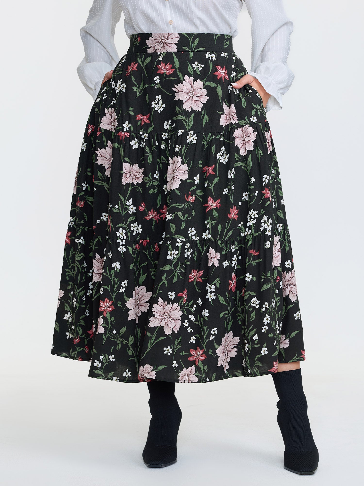 Floral Print Stretchy Waistband Maxi Skirt