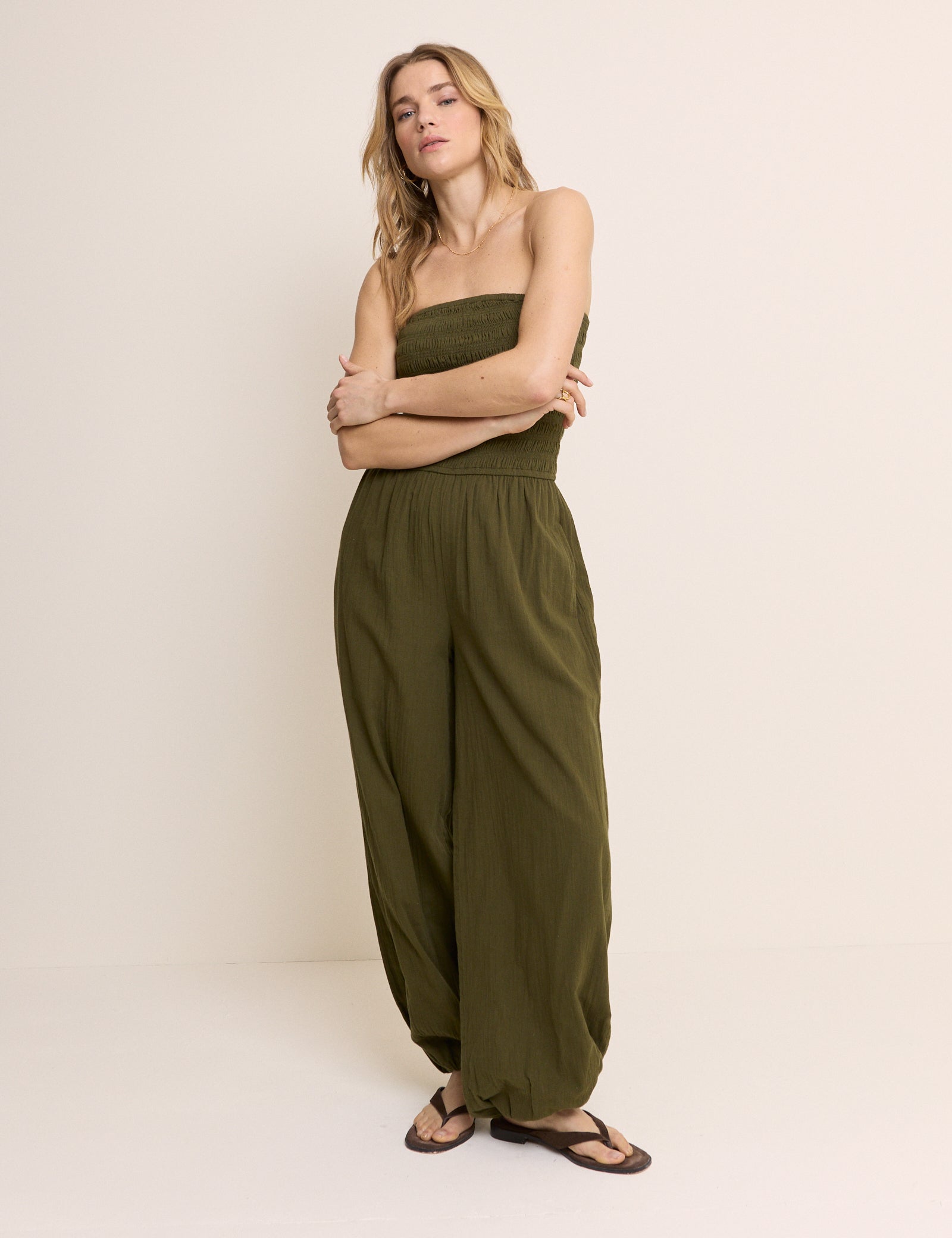 Khaki Shirred Bandeau Carly Jumpsuit