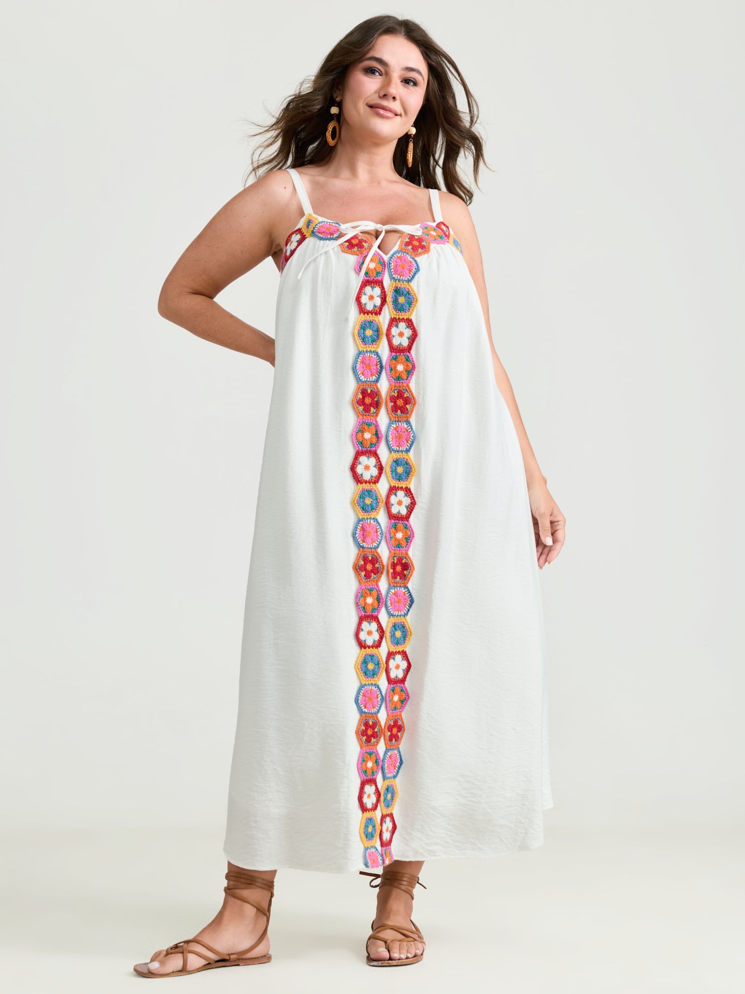 Colorful Floral Crochet Front Cami Midi Dress