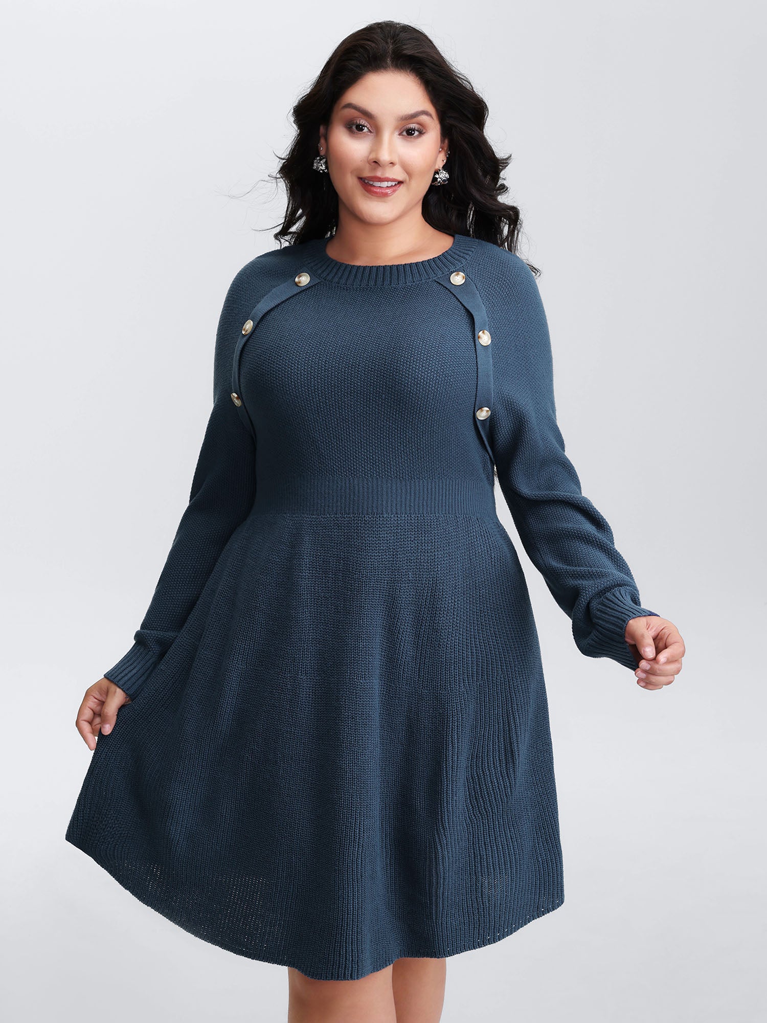 Textured Stretchy Waist Button Sweater Knee-Length Dress