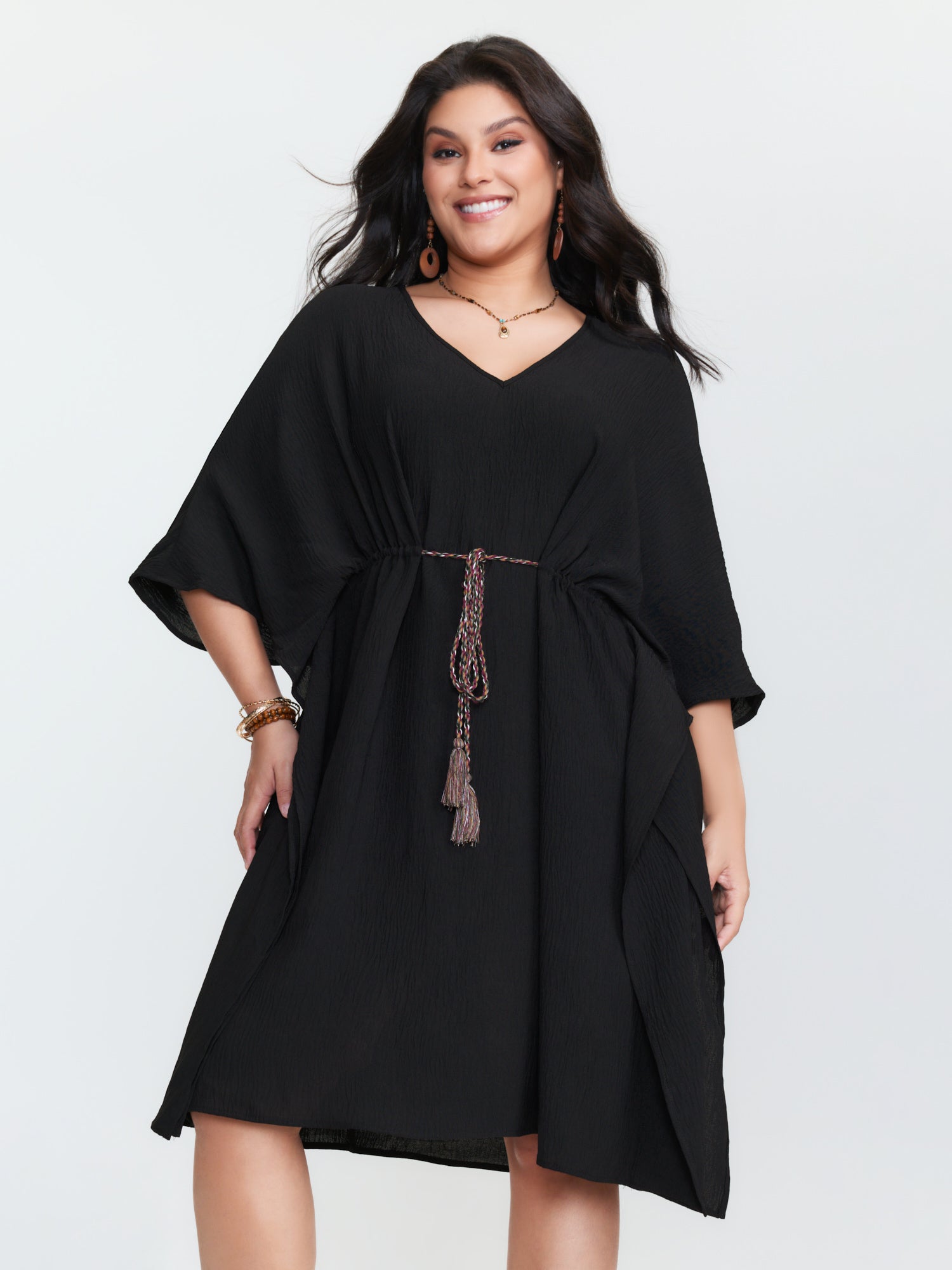 Dolman Sleeve Colorful Drawstring Waist Mini Dress