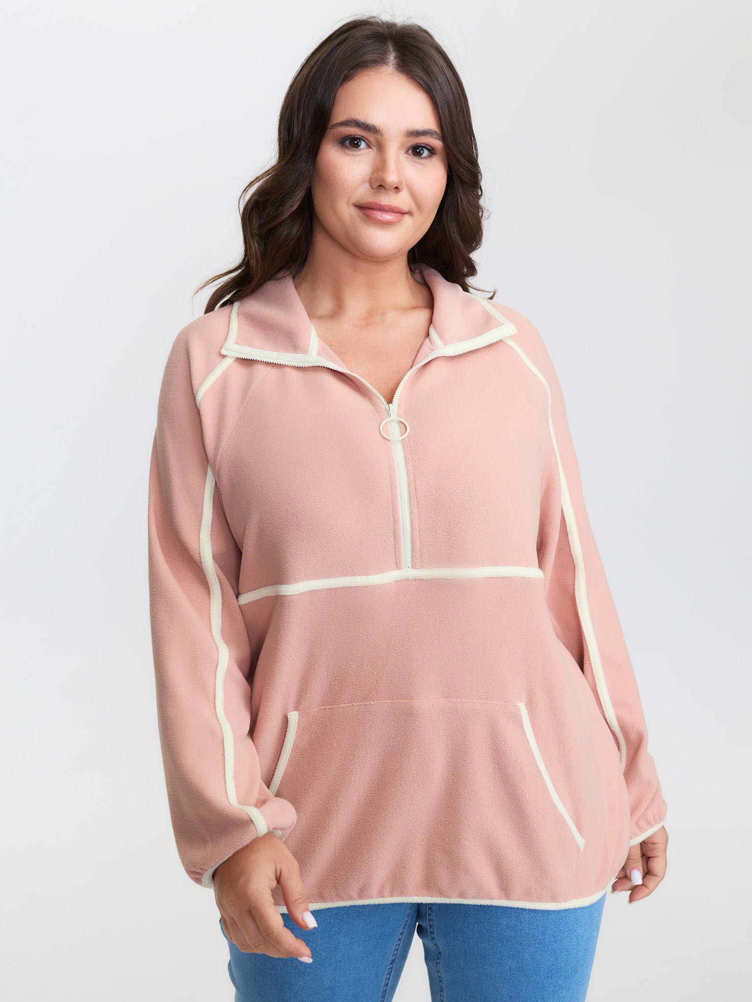 Color Contrast Fluffy Half Zip Sweatshirt