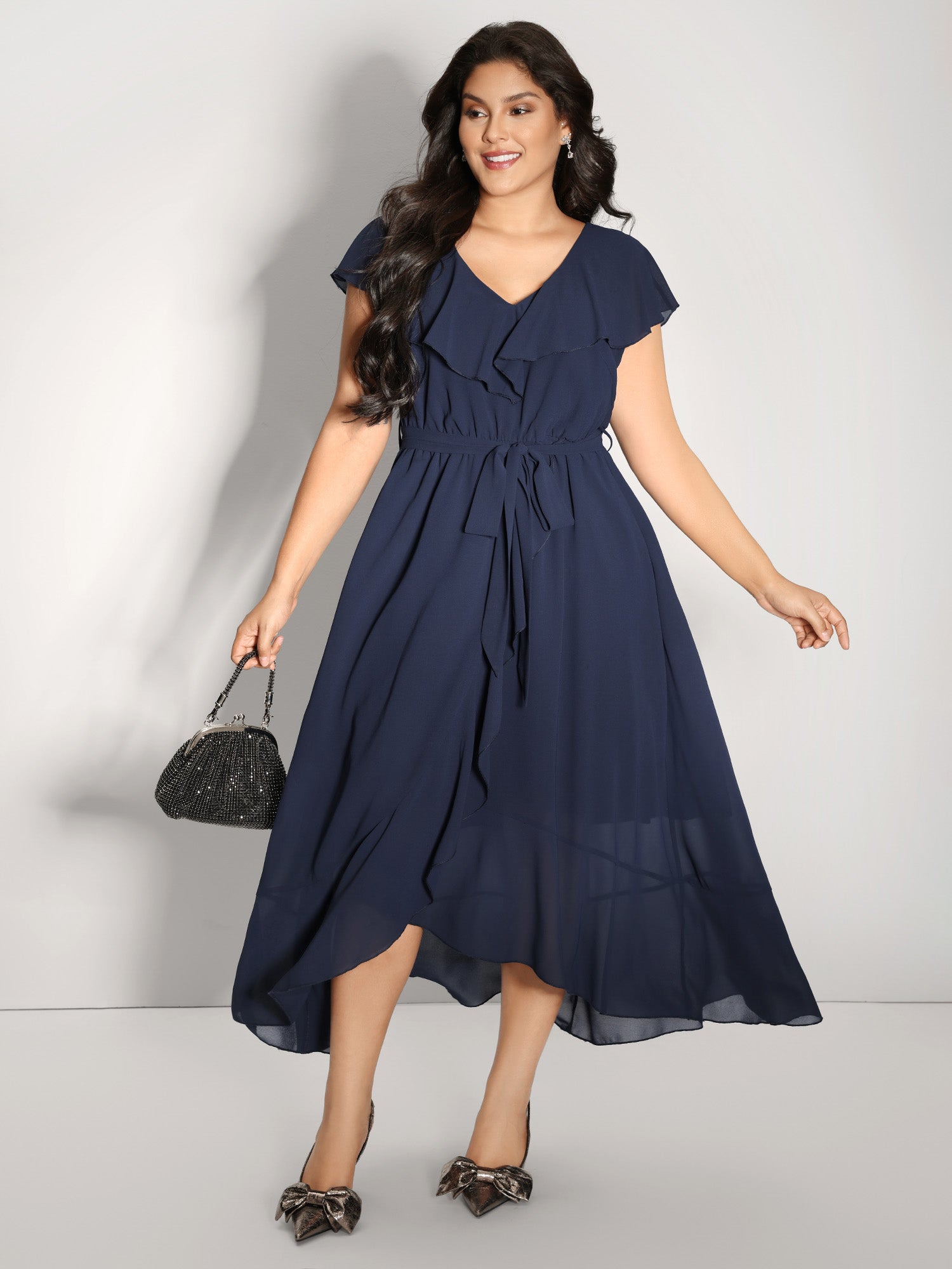 Belted Waist High Low Hem Midi Dress