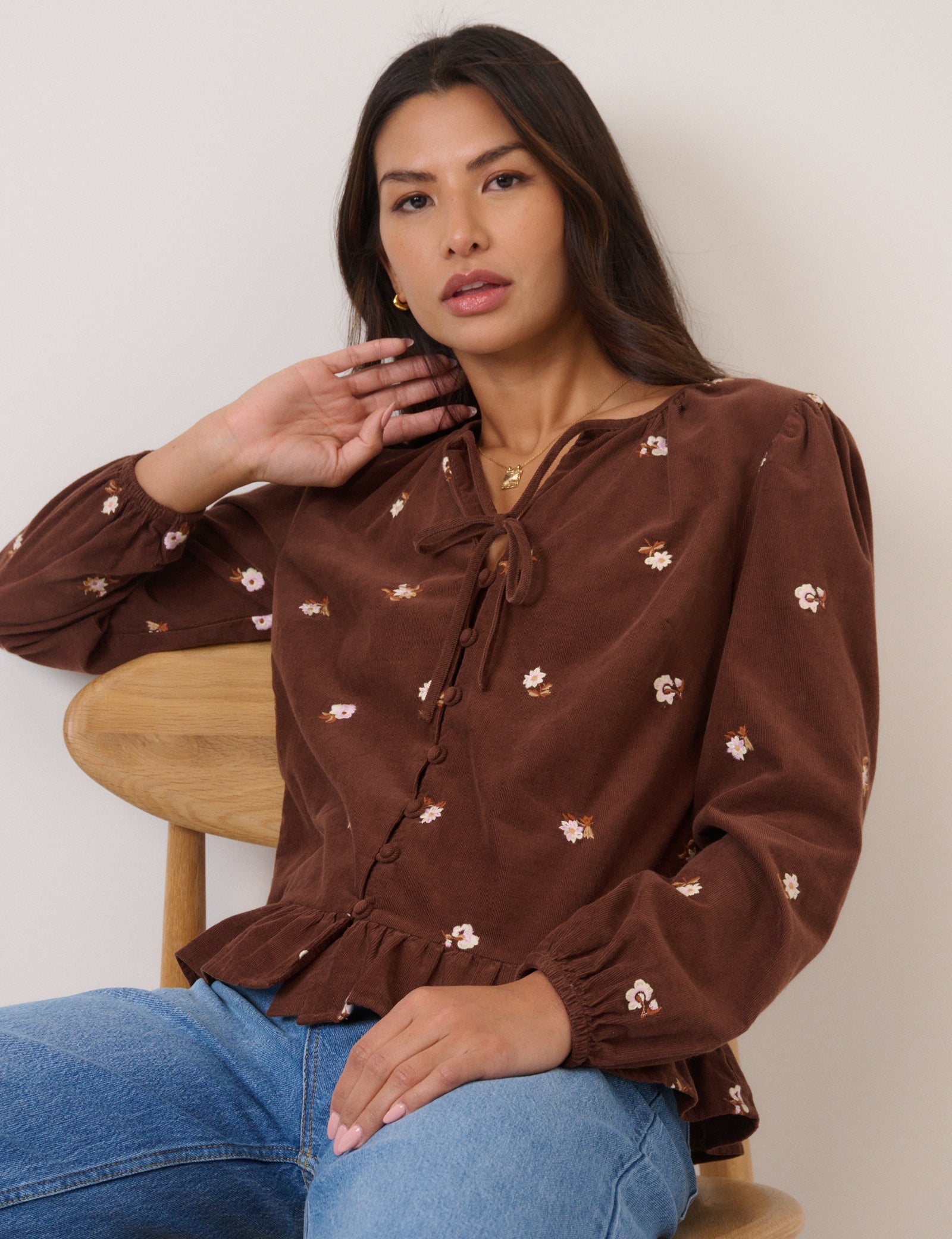 Brown Cord Floral Embroidered Frill Blouse