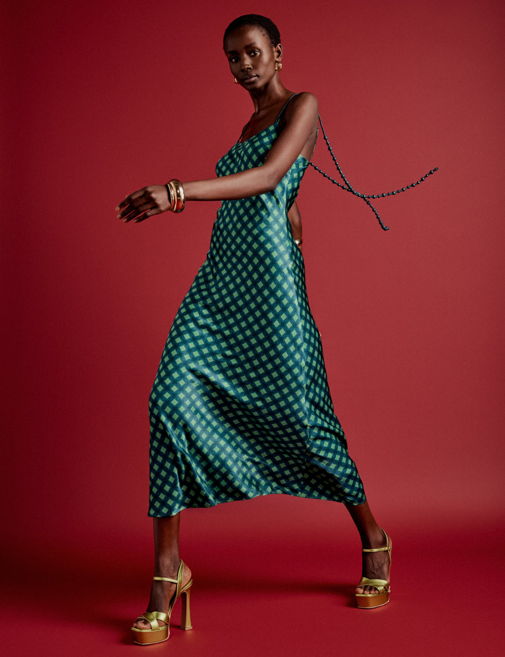 NC x Lisou Green Beaded Strap Trim Satin Midi Dress