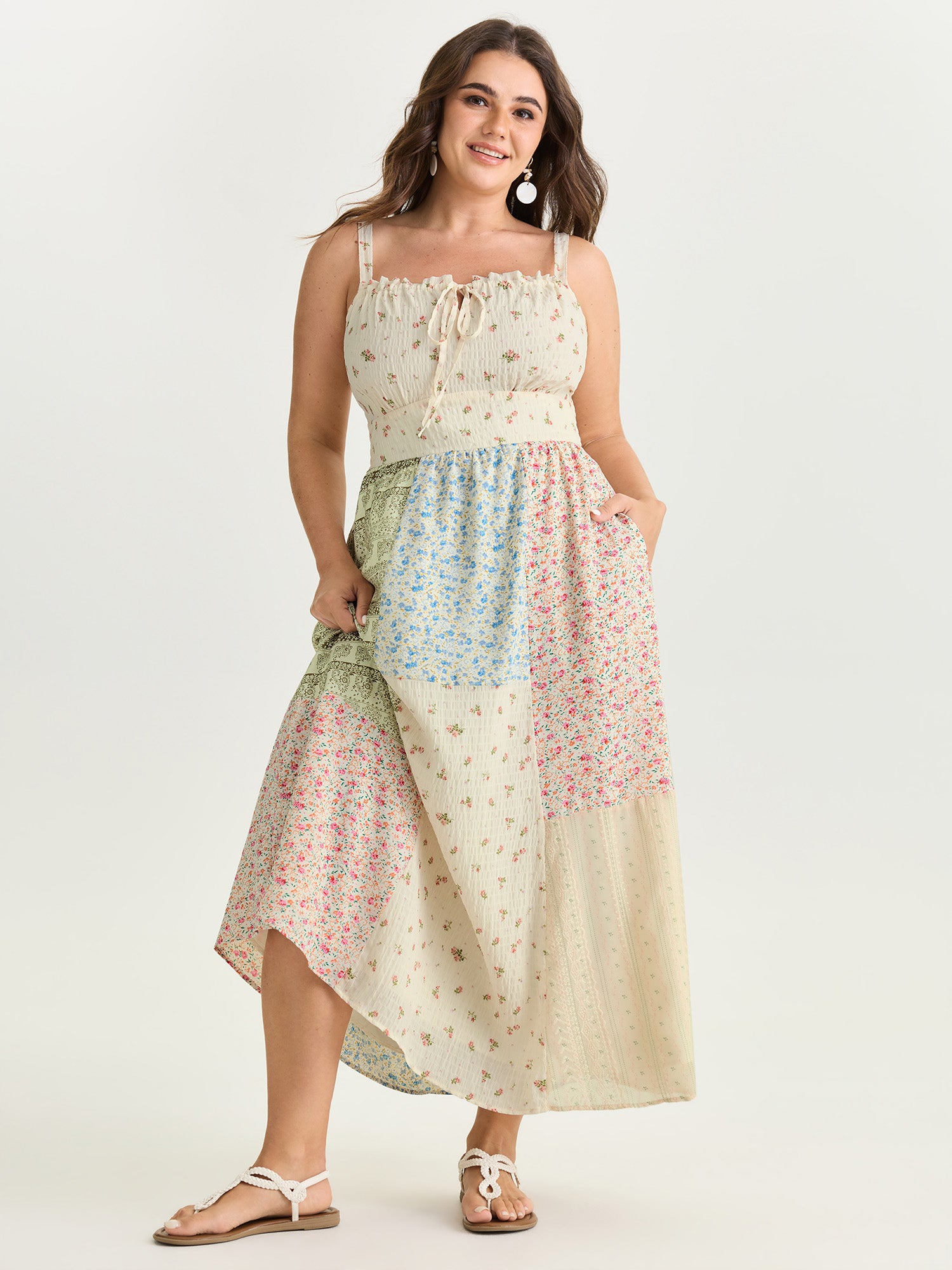 Floral Patchwork Print Drawstring Maxi Dress