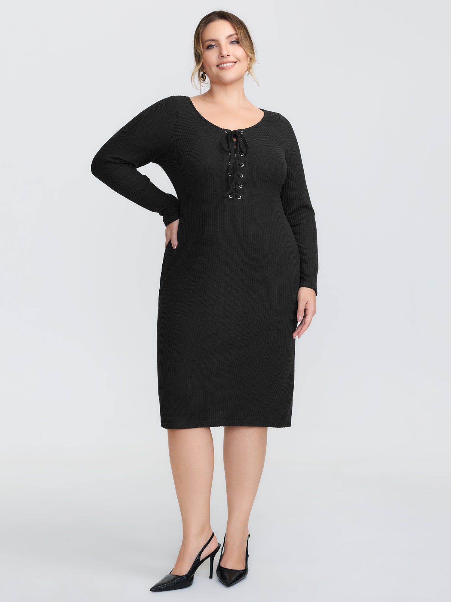 Stretchy Round Neck Lace-Up Midi Dress