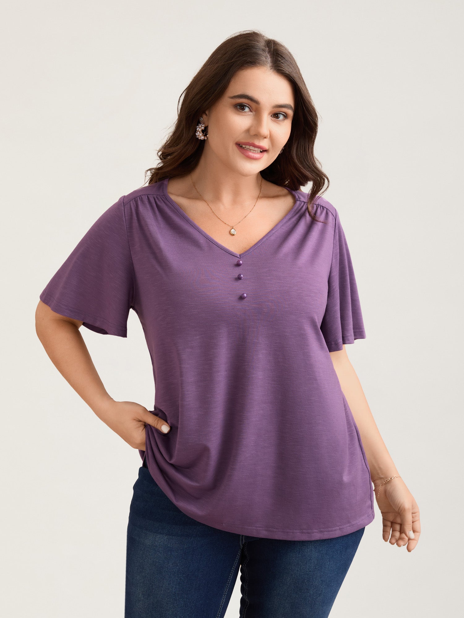 Bamboo Textured Pleated Shoulder Button T-Shirt